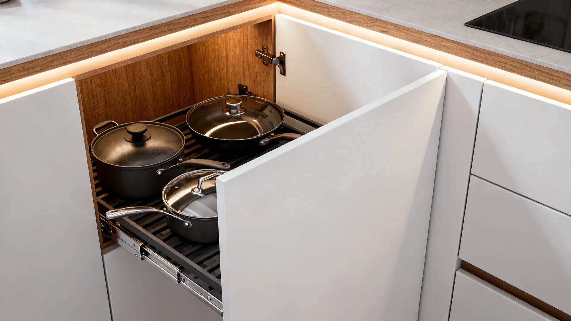 Macro of a LeMans corner pull-out tray system with cookware in a modern kitchen.