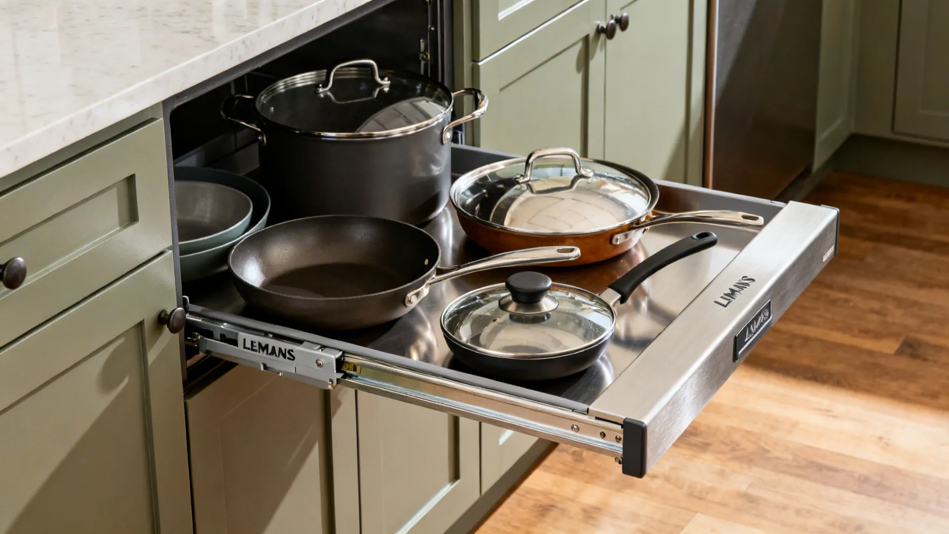 Macro of a LeMans corner tray gliding out with cookware in a modern cabinet.