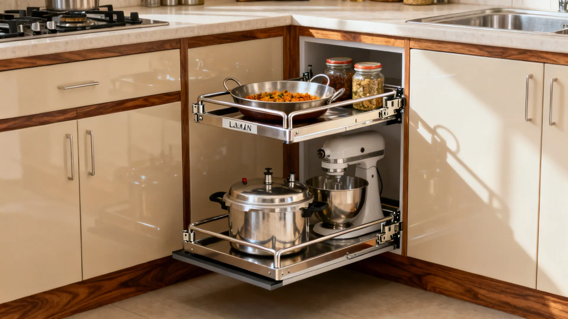 LeMans corner trays fully extended with Indian cookware in a small kitchen