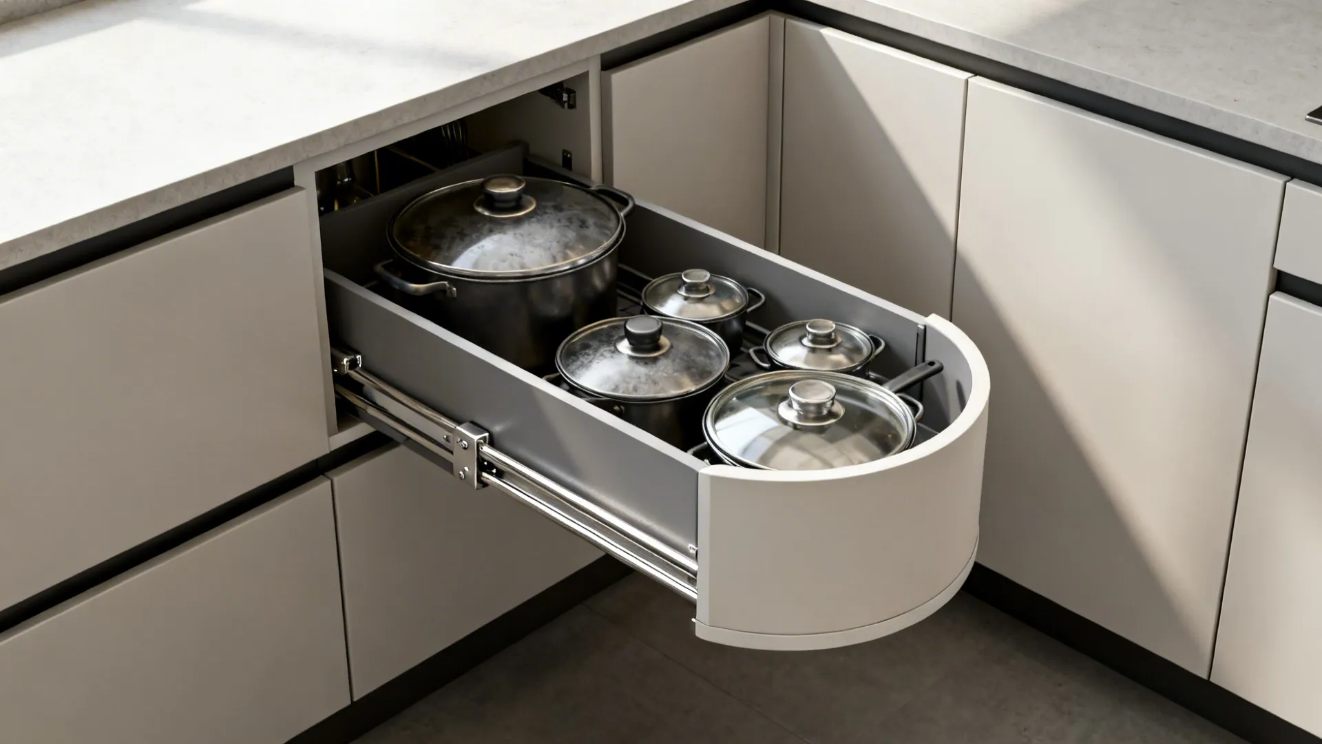 LeMans corner tray gliding out of a modern base cabinet with pots organized.
