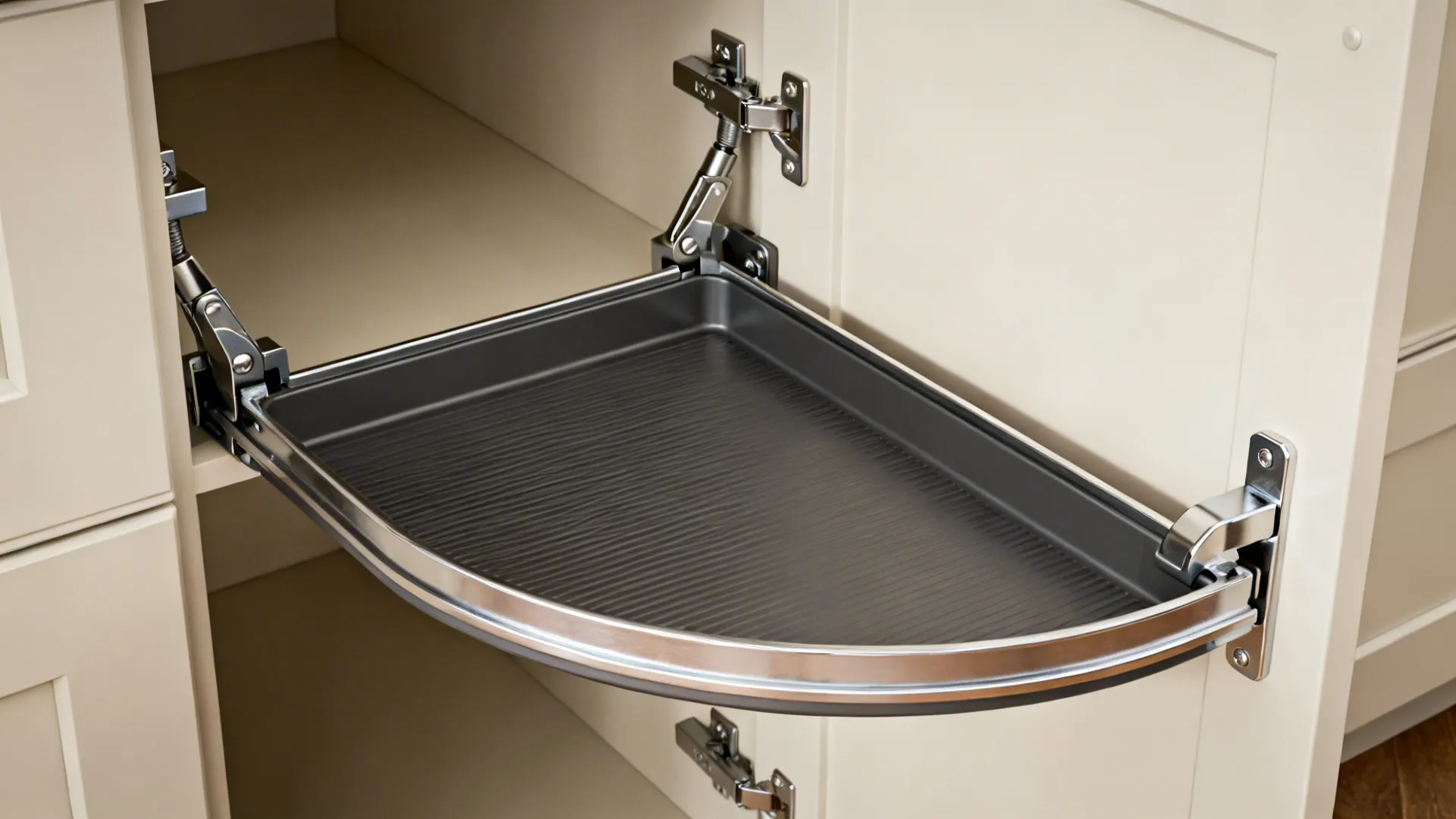 Close-up of an extended LeMans corner tray with curved metal shelves and soft-close arms.