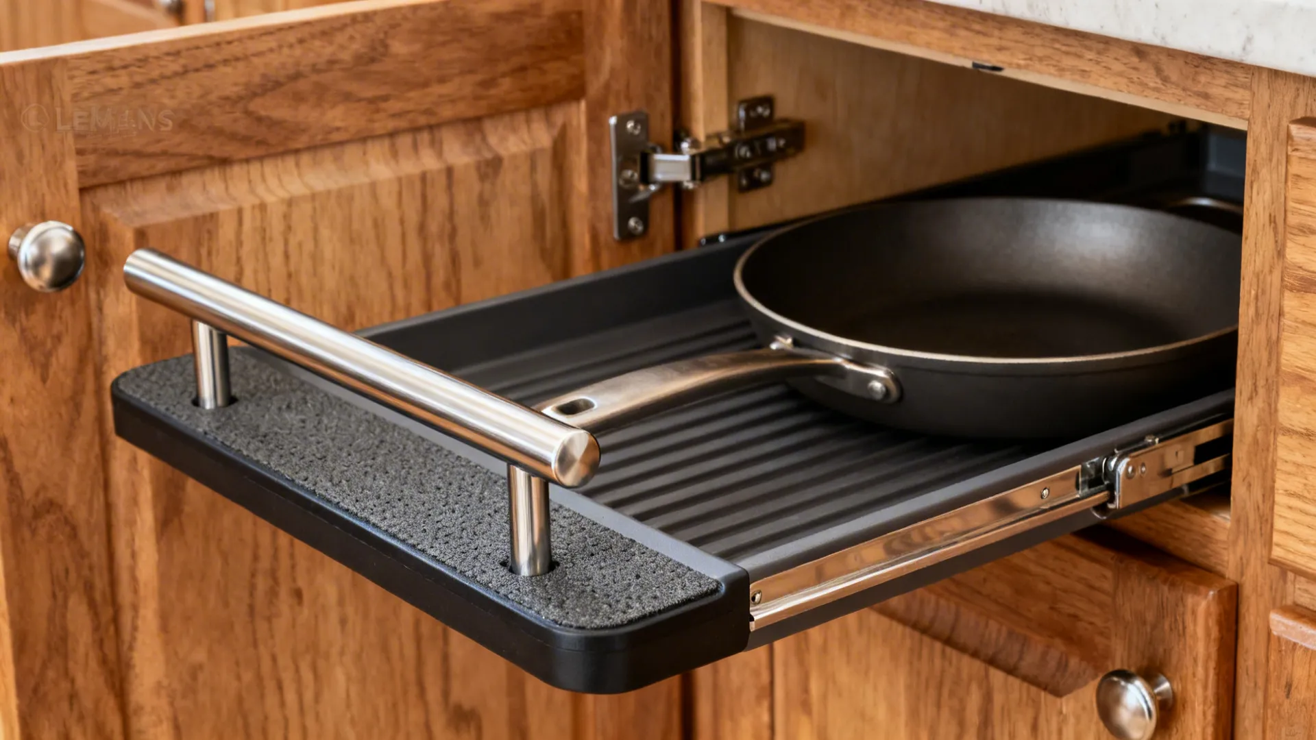 Close-up of a LeMans corner pull-out tray and soft-close hardware inside an oak cabinet.