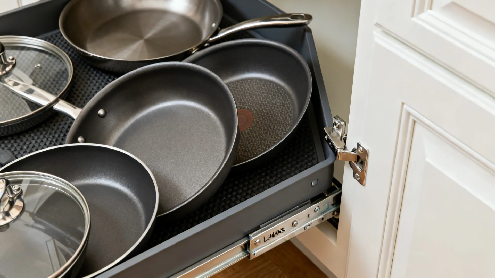 Macro of a LeMans corner pull-out tray gliding smoothly with pans organized.