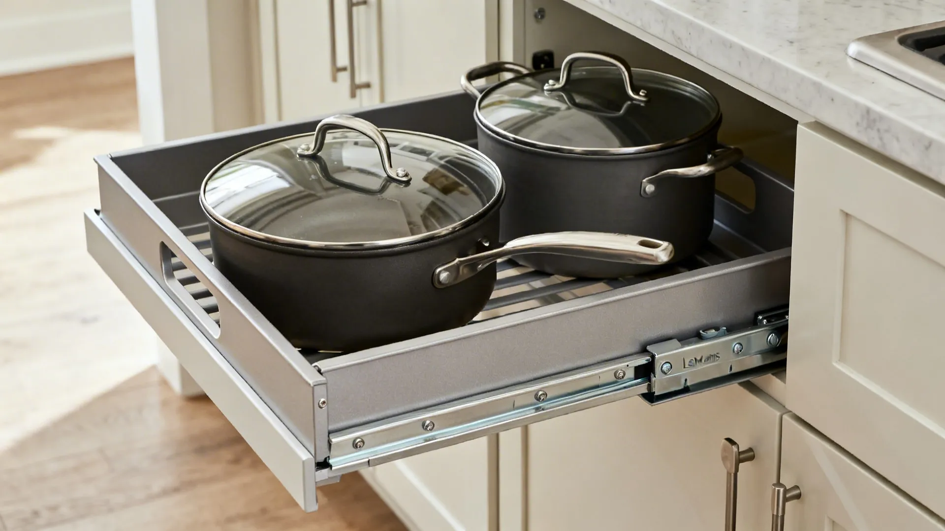 Close-up of LeMans corner pull-out tray with soft-close hardware.