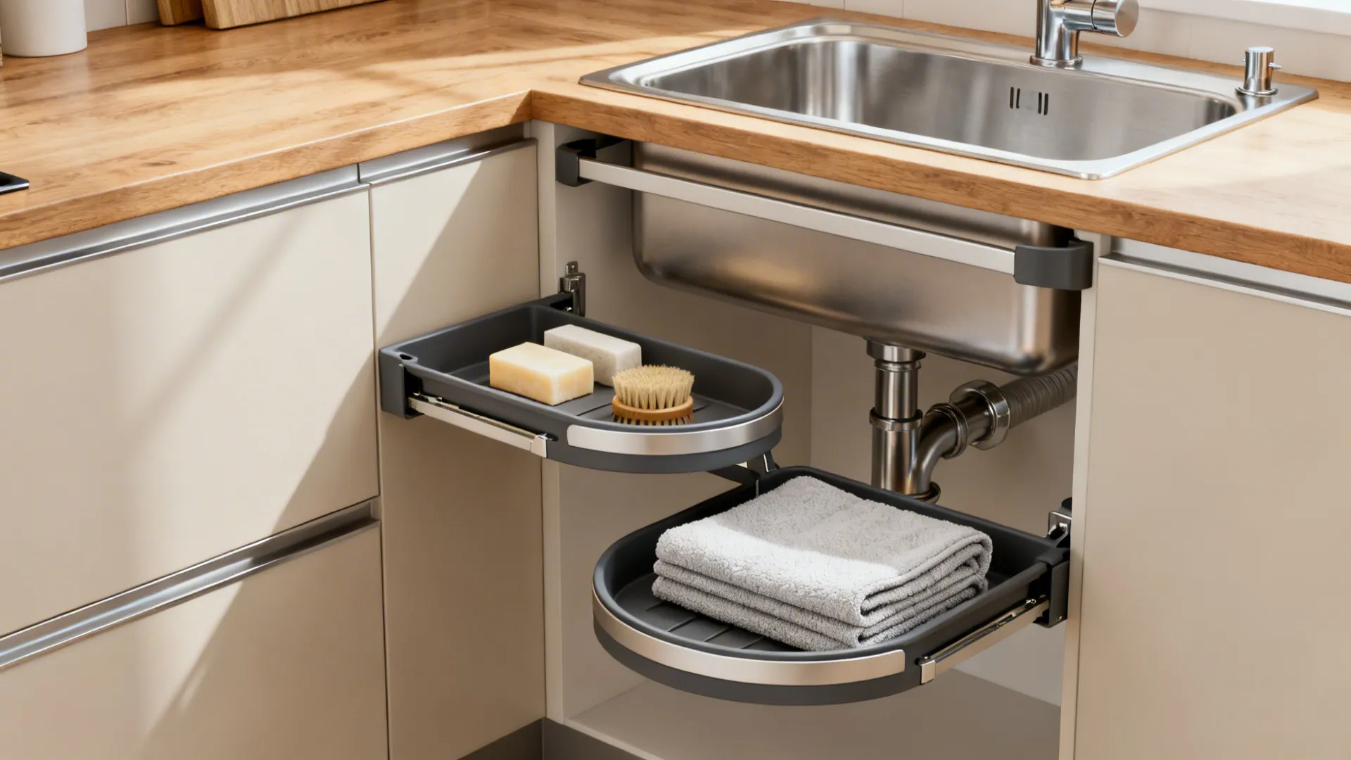 Kitchen corner cabinet with two swing out trays holding cleaning supplies and towels under sink