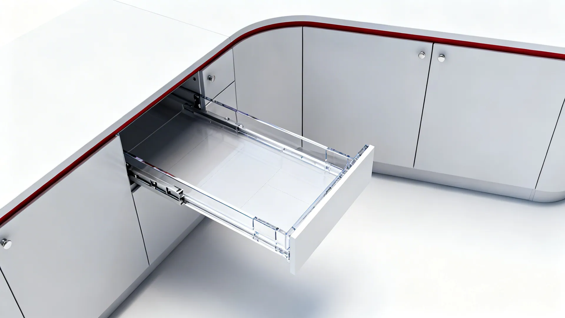 Top-down view of a LeMans corner tray showing its swing path and cabinet clearance.