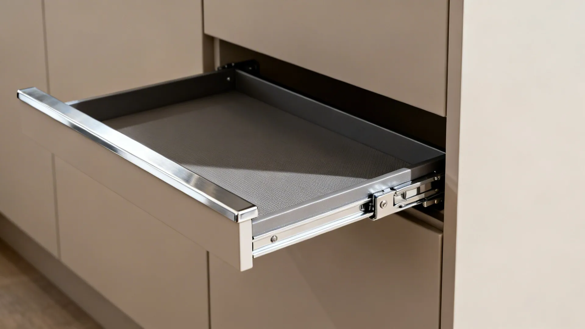 Macro of a LeMans corner tray mechanism pivoting out of a diagonal cabinet.