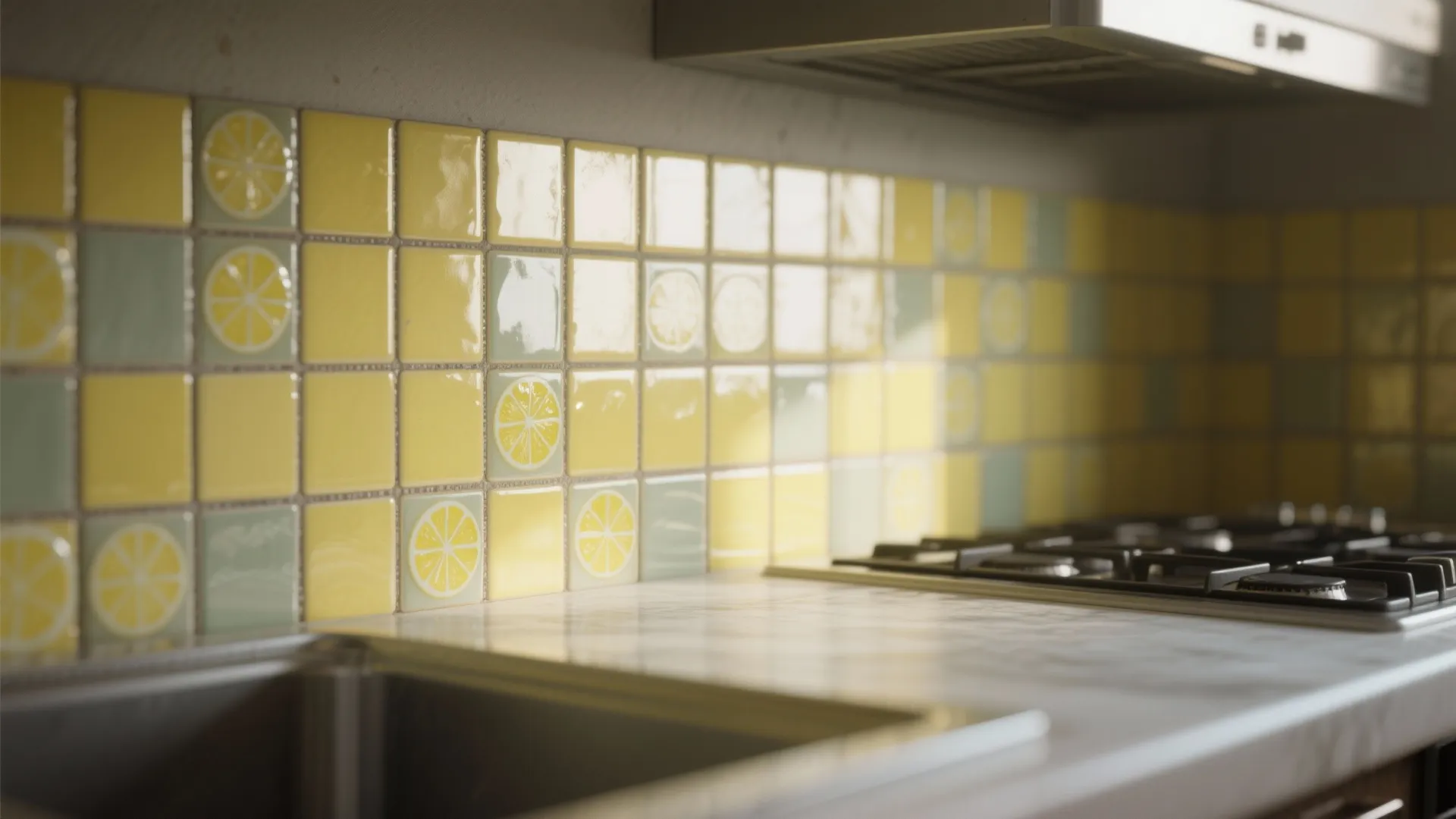Macro view of glossy lemon-toned ceramic backsplash tiles with sealed darker grout.