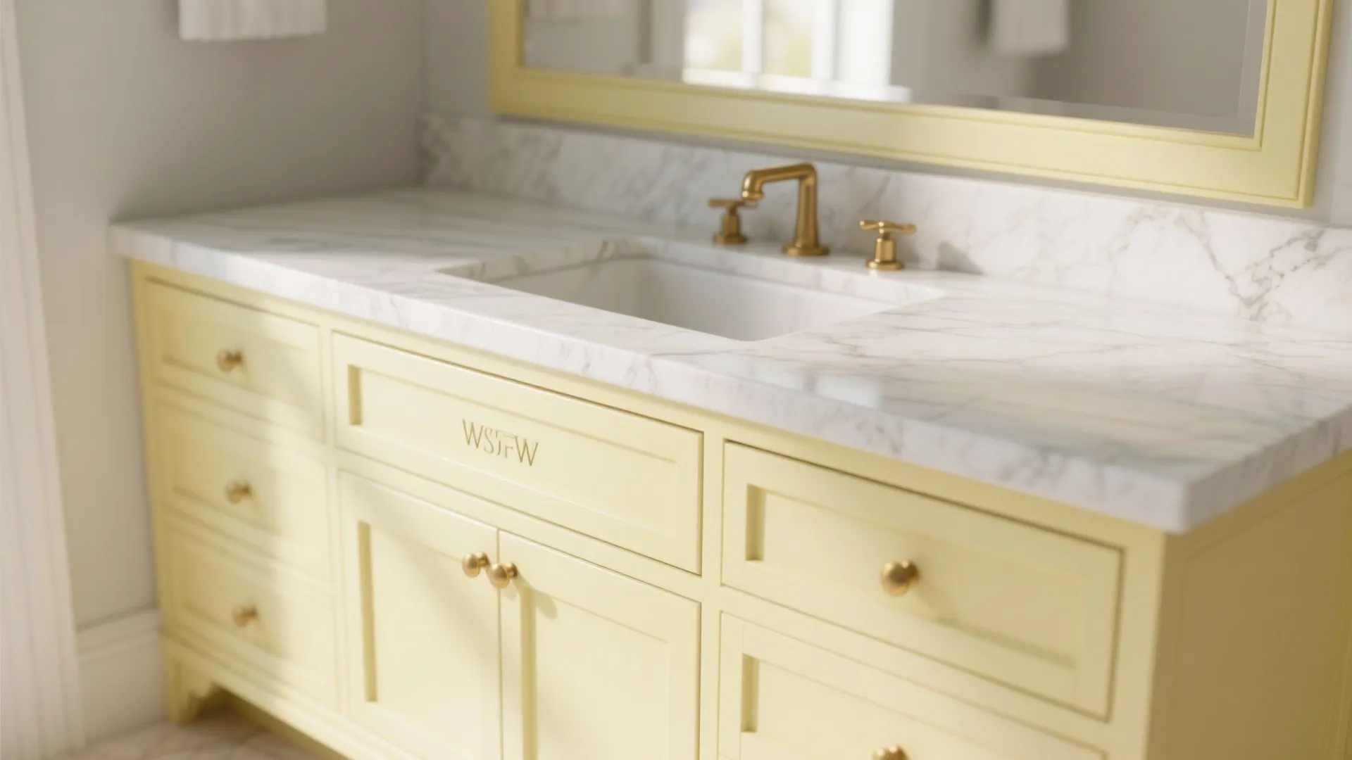 Close up view of a yellow bathroom cabinet with white marble top and gold tap
