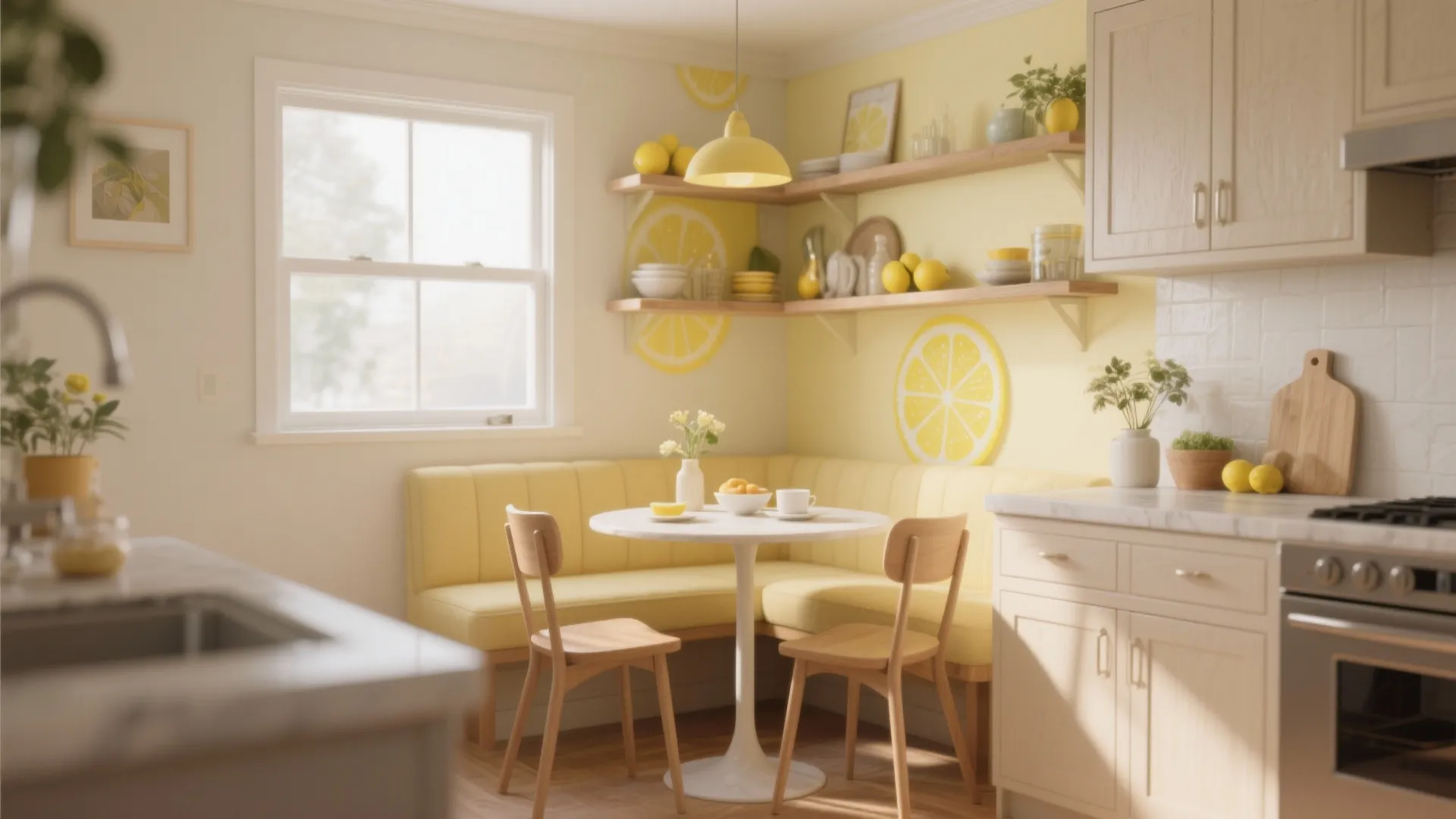 Lemon themed kitchen dining area with yellow booth seating white round table and ceiling light
