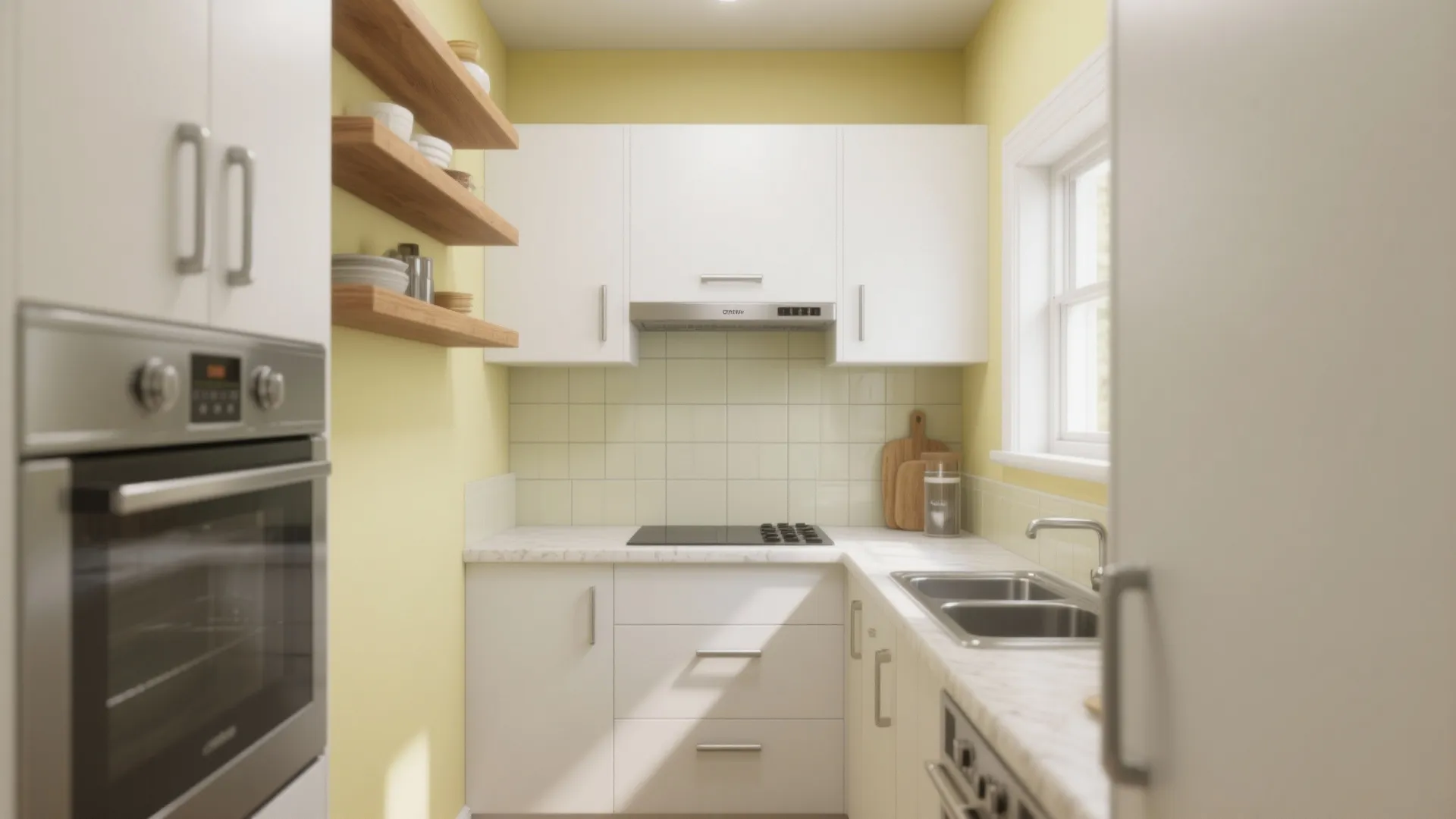 Small kitchen with lemon yellow walls white cabinets wooden shelves marble countertop sink and oven