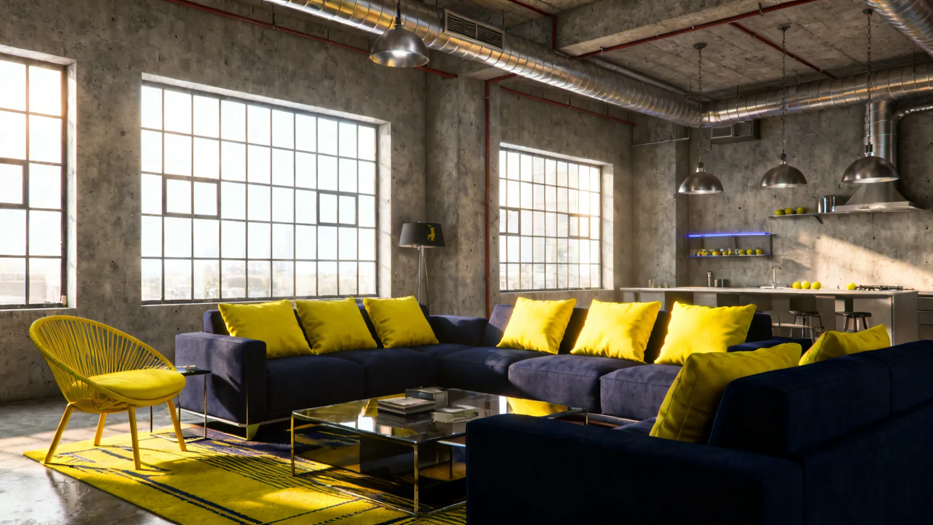 Modern loft with lemon yellow accents and navy blue sofa for high contrast