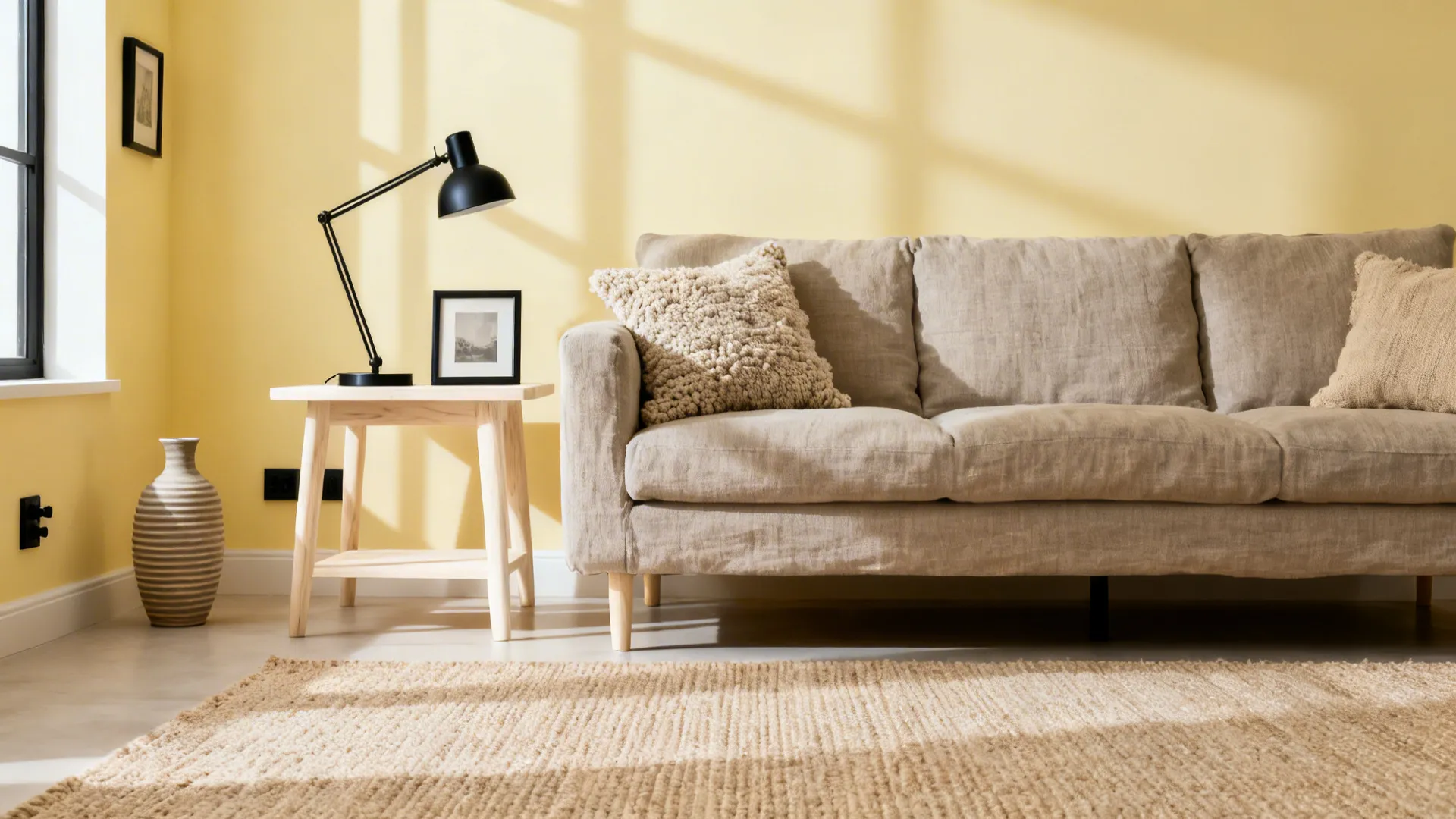 Pale lemon walls with oatmeal textiles, oak side table, and matte black accents in a cozy small living room.