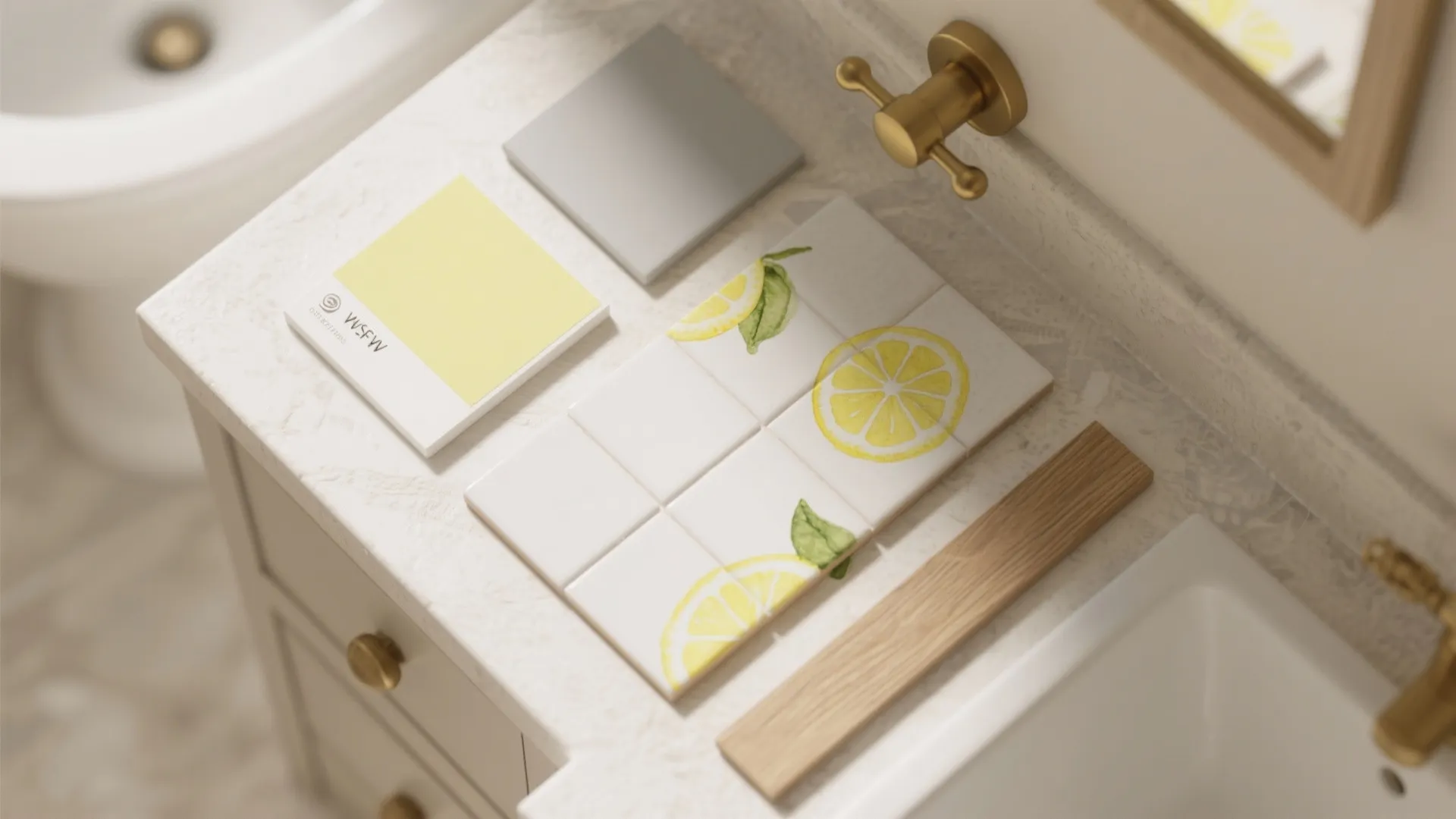 Interior design palette with lemon tiles yellow color swatch grey tile wood sample gold faucet