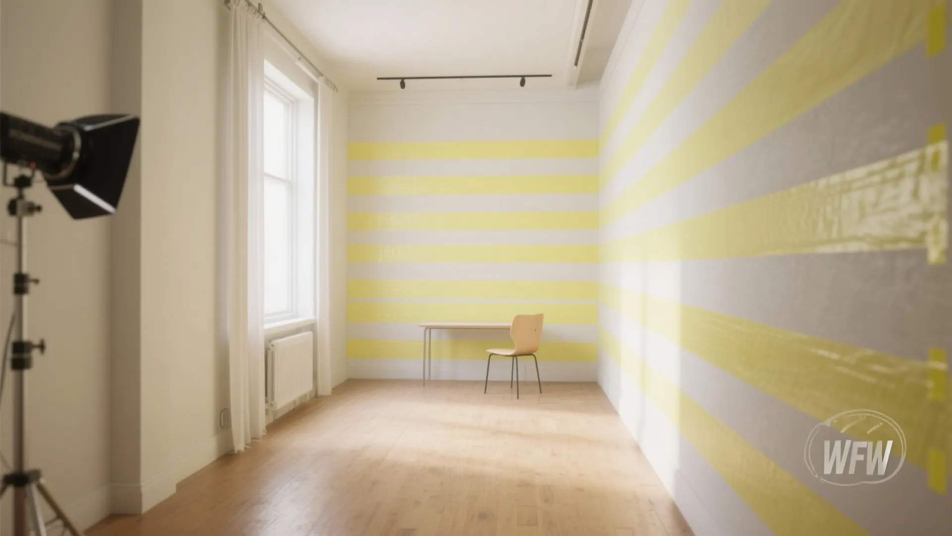 Empty white room with yellow striped walls wood flooring small desk and single wooden chair