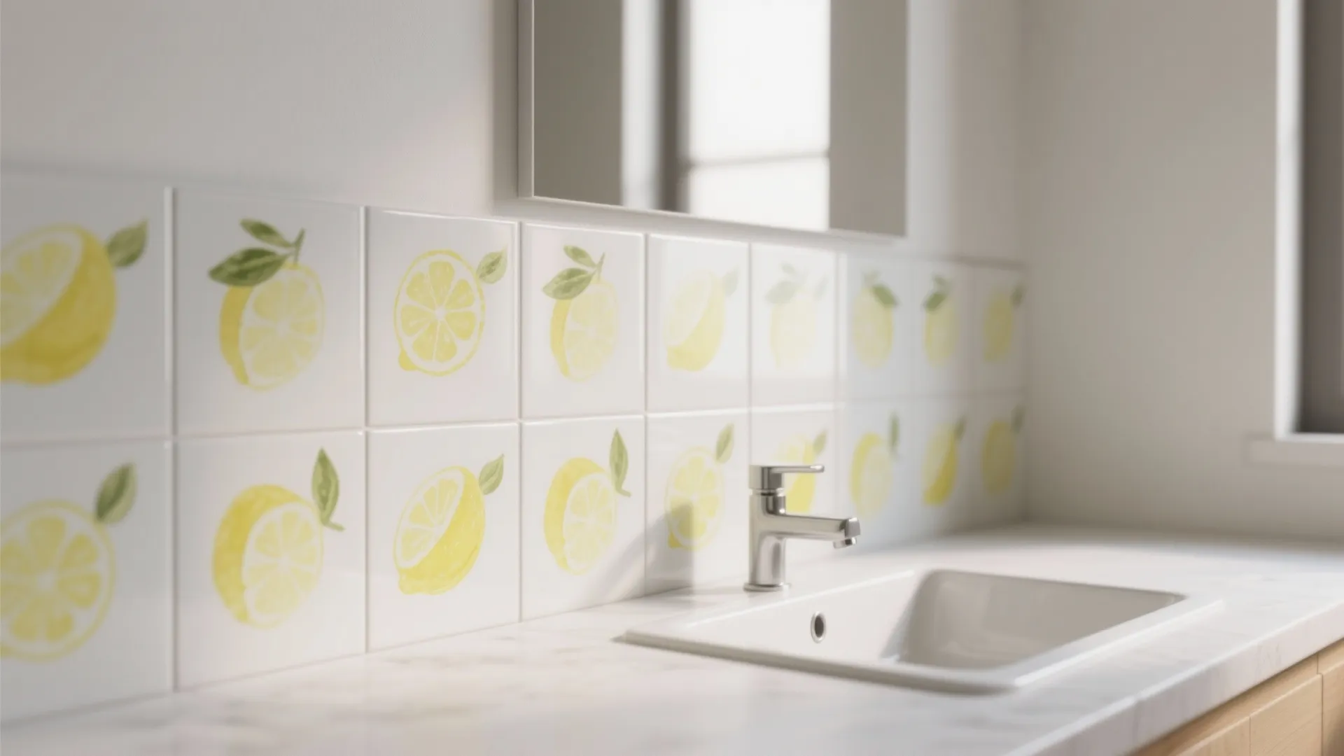 White bathroom sink with silver faucet and wall decorated with yellow lemon pattern ceramic tiles