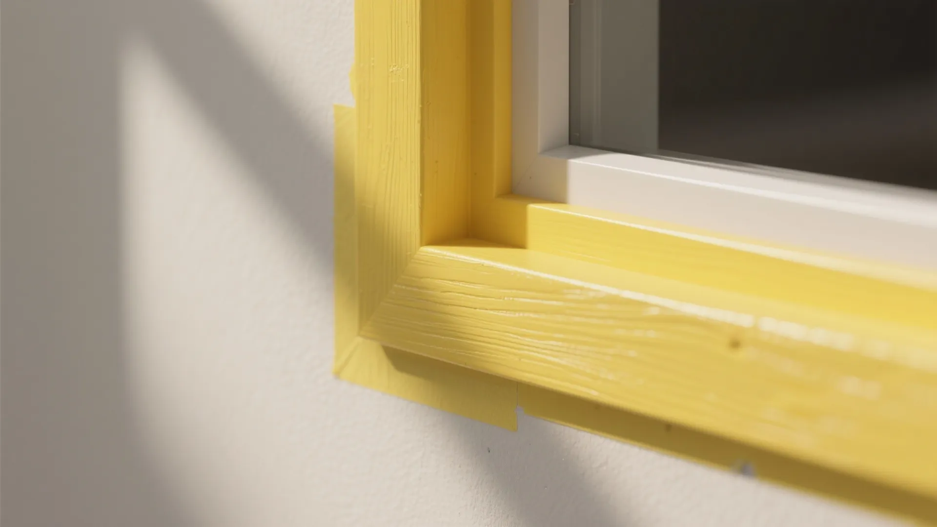 Close up view of bright yellow window frame installed on a clean white textured wall