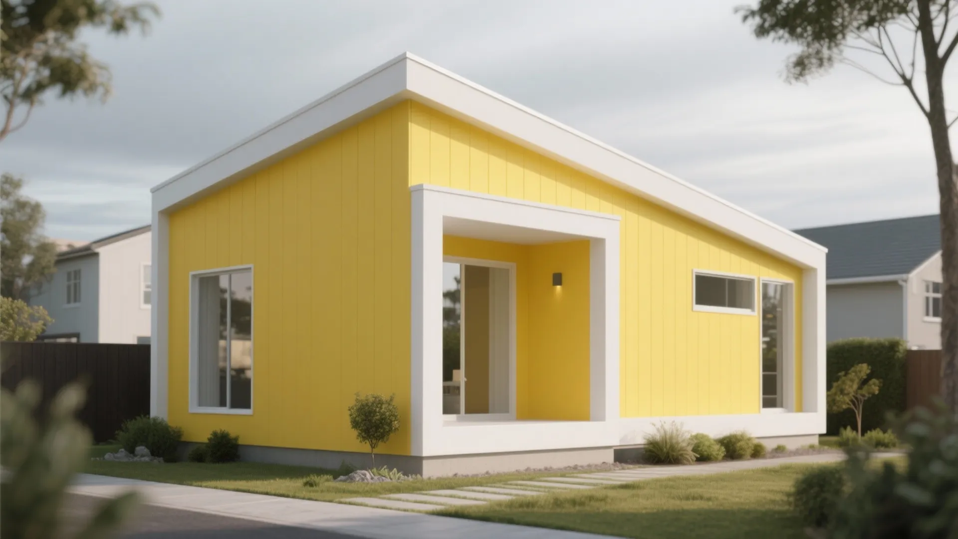 Modern yellow one story house with white trim large windows green grass and garden path