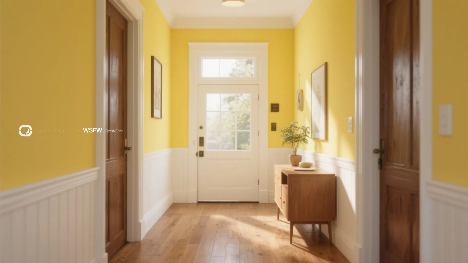 Bright yellow hallway featuring a white front door wooden floors white wall panels and cabinet