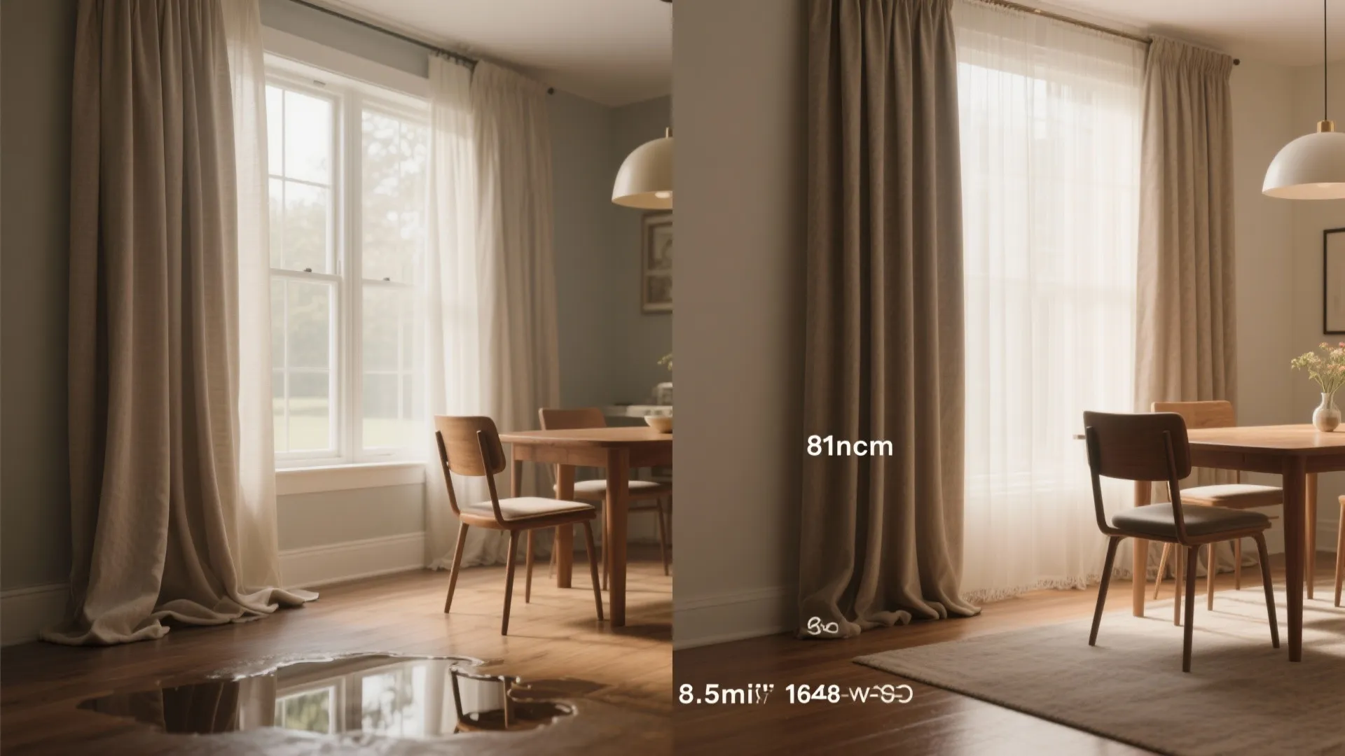 Before and after comparison of dining room window curtain length showing floor puddling versus grazing