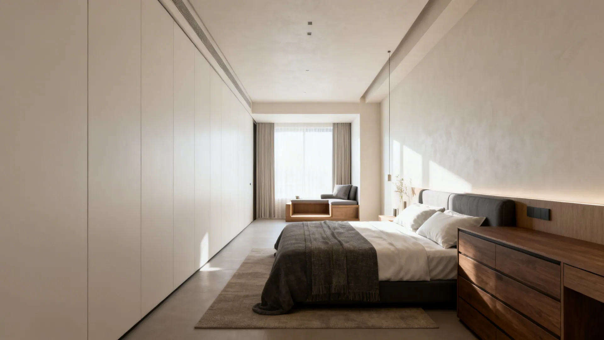 Long narrow bedroom with bed placed lengthwise against the long wall and a clear corridor opposite.