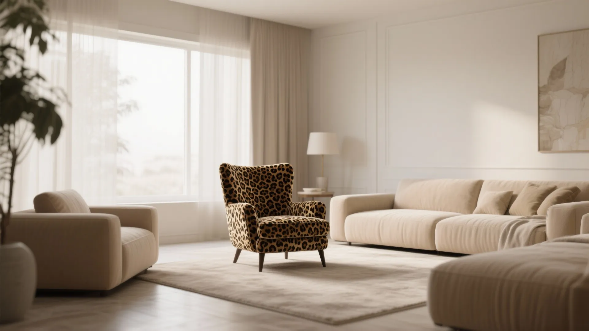 Leopard print armchair placed in a bright minimalist living room with cream sofas and natural light