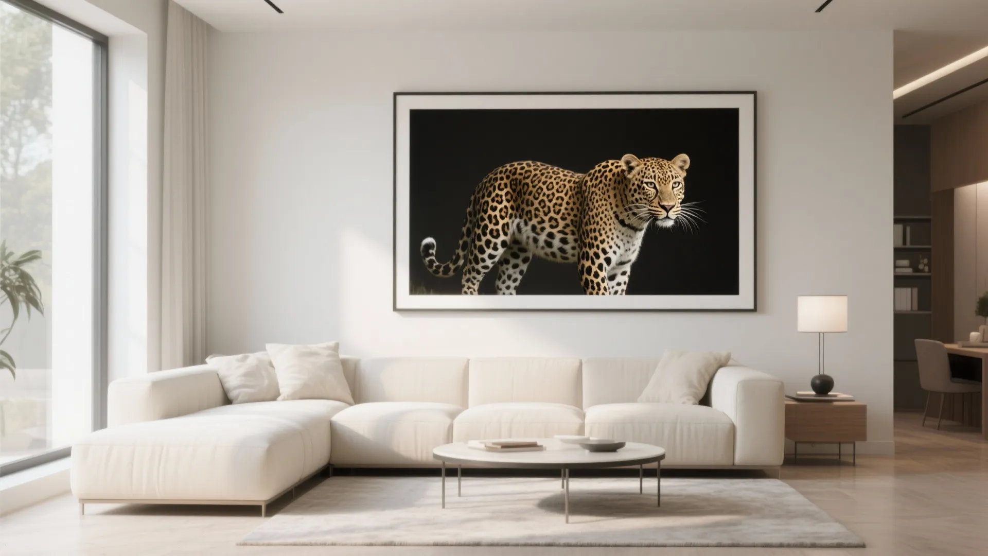 Minimalist living room featuring a white sofa and a large framed leopard print wall art