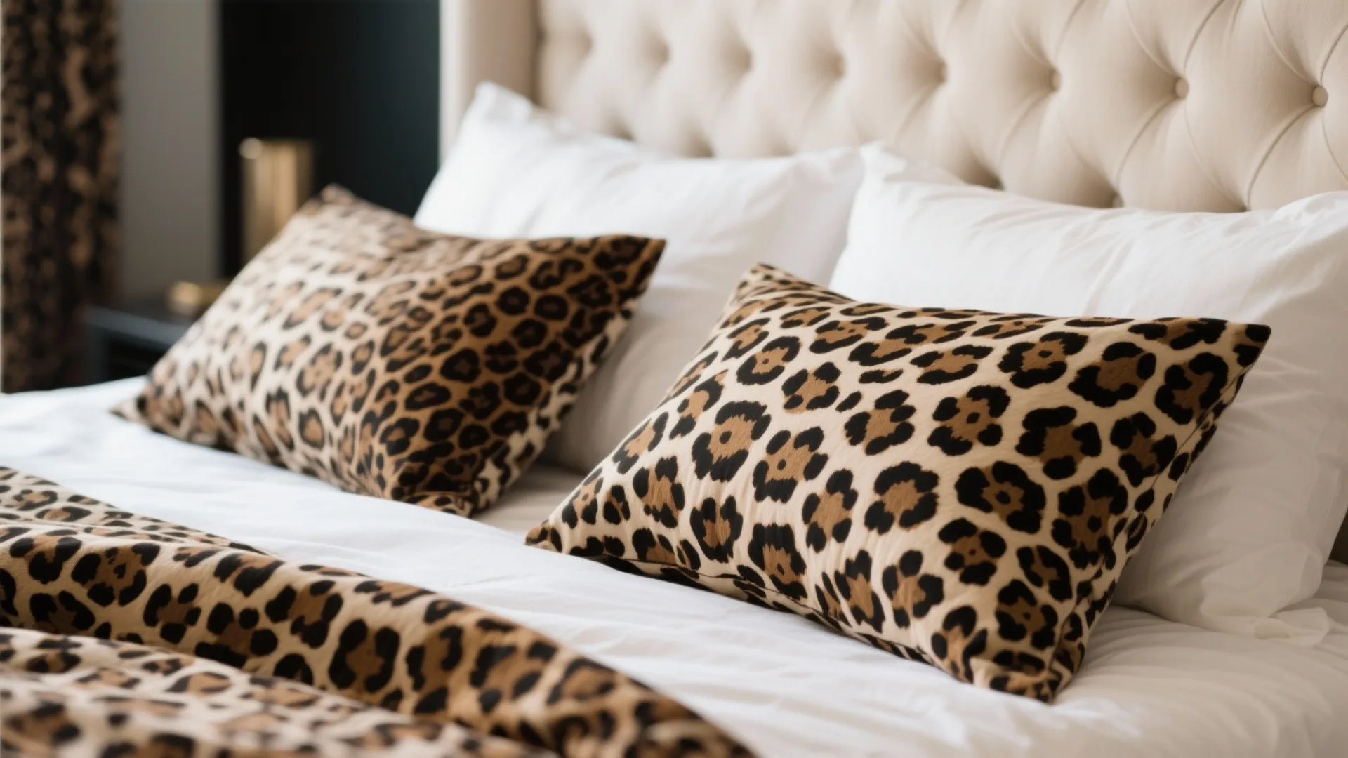 Close-up of elegant leopard print bedding with neutral accents