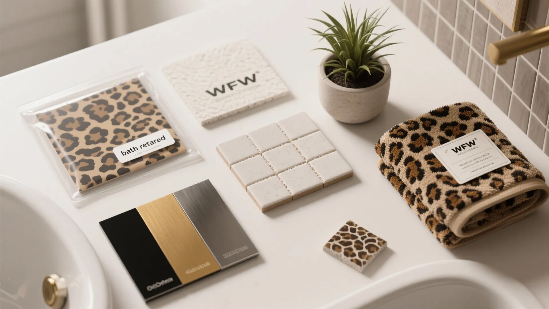 Bathroom design materials including leopard print towel small green plant and white square wall tiles
