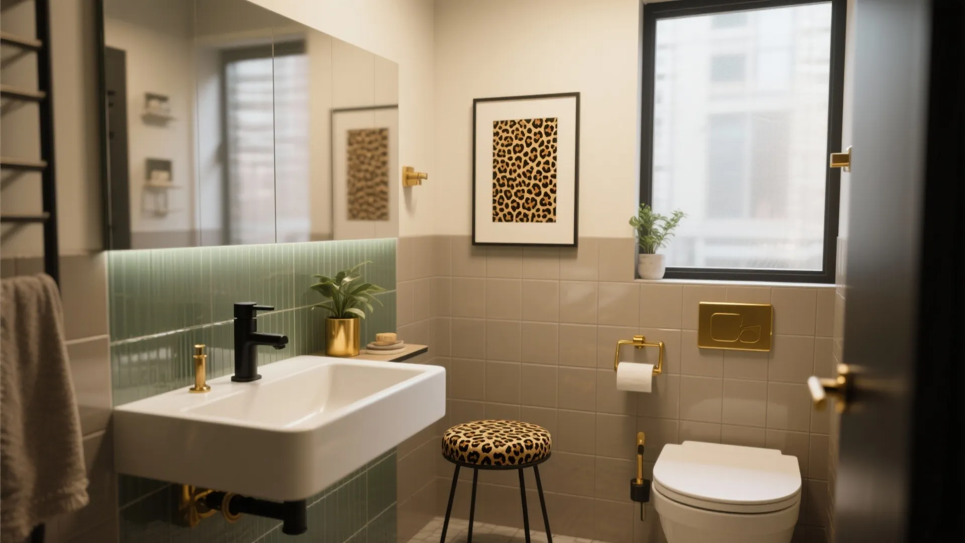 Modern bathroom with white sink leopard print stool gold fixtures and animal pattern wall art