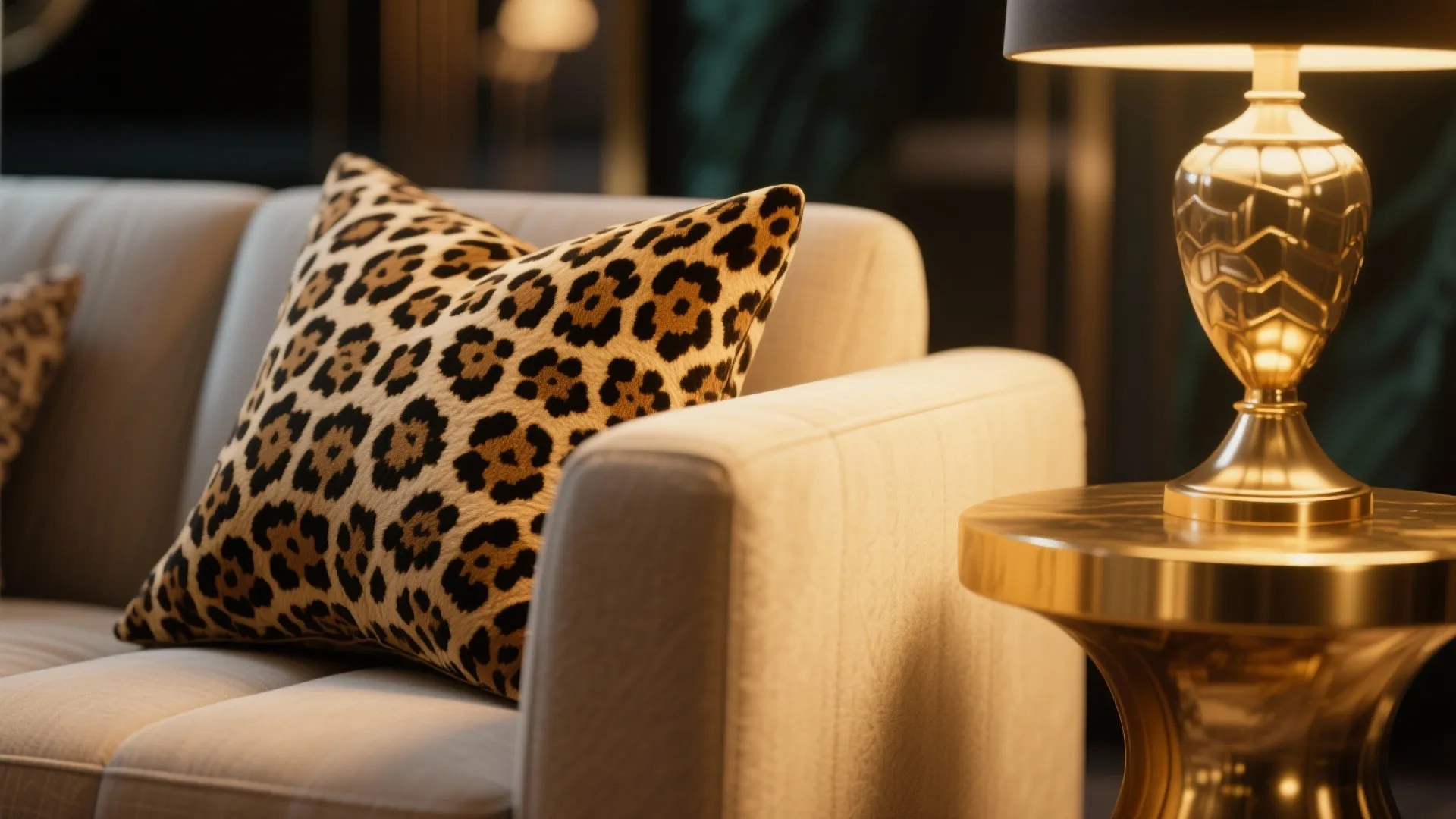 Close up of a leopard print pillow on a sofa next to a gold table lamp
