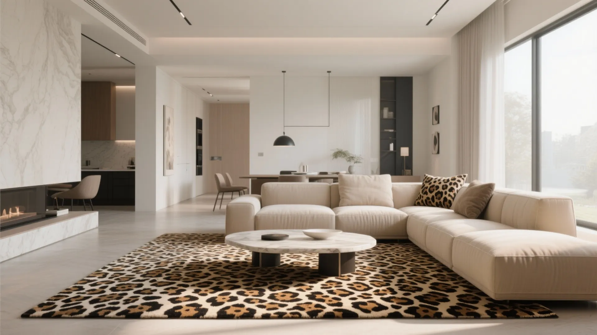 Large leopard print rug in open living area with cream sofa marble table and fireplace view