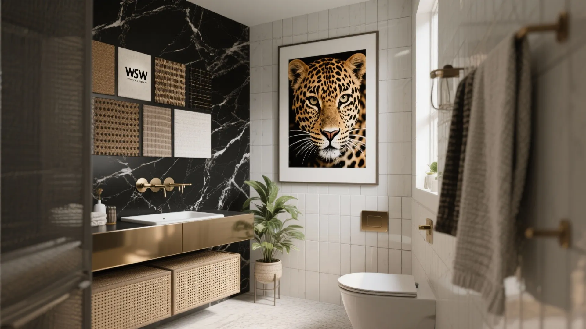 Modern bathroom with black marble wall white tile leopard print picture gold sink and toilet