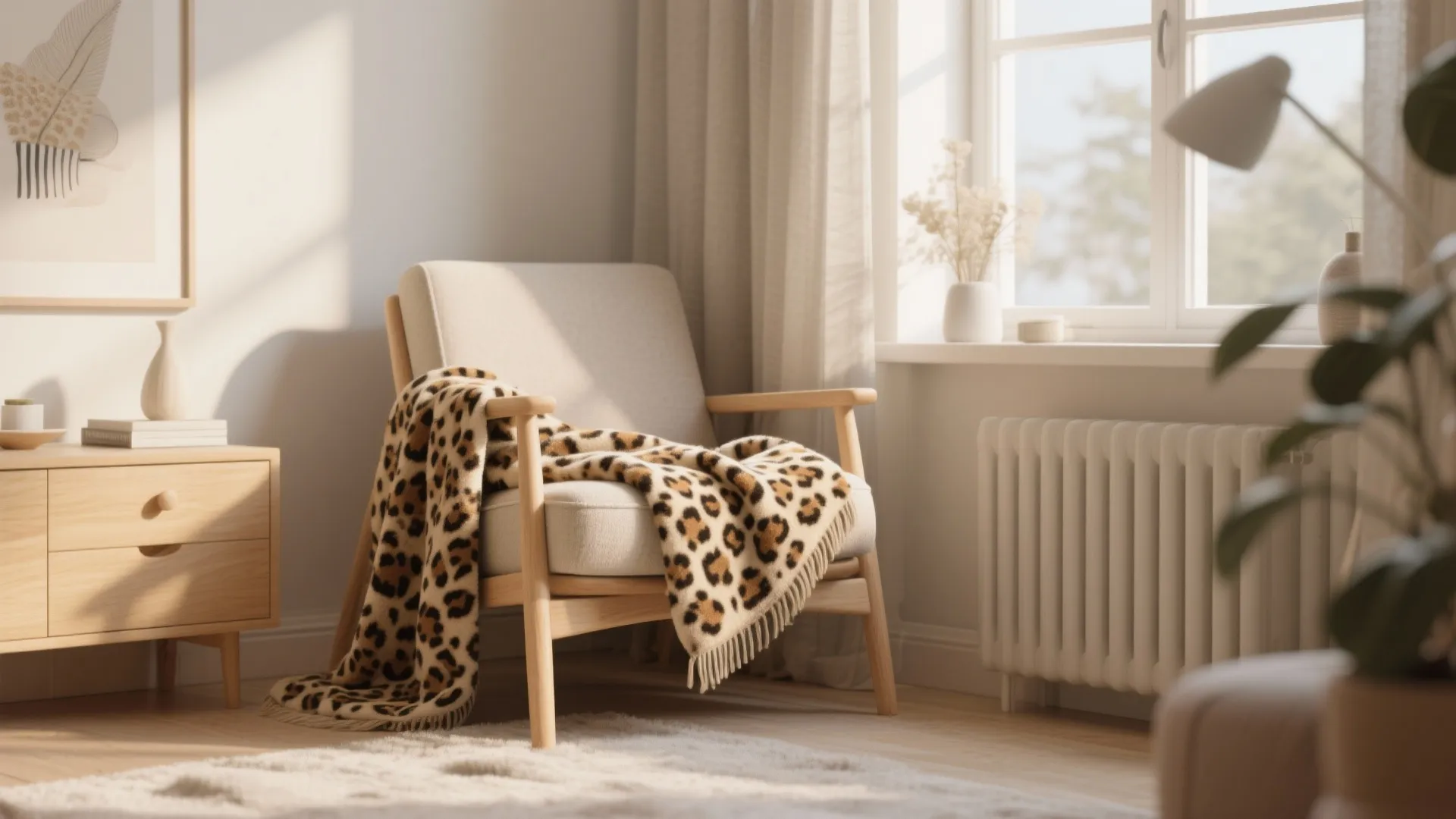Modern armchair with a leopard print throw blanket placed in a sunny living room corner