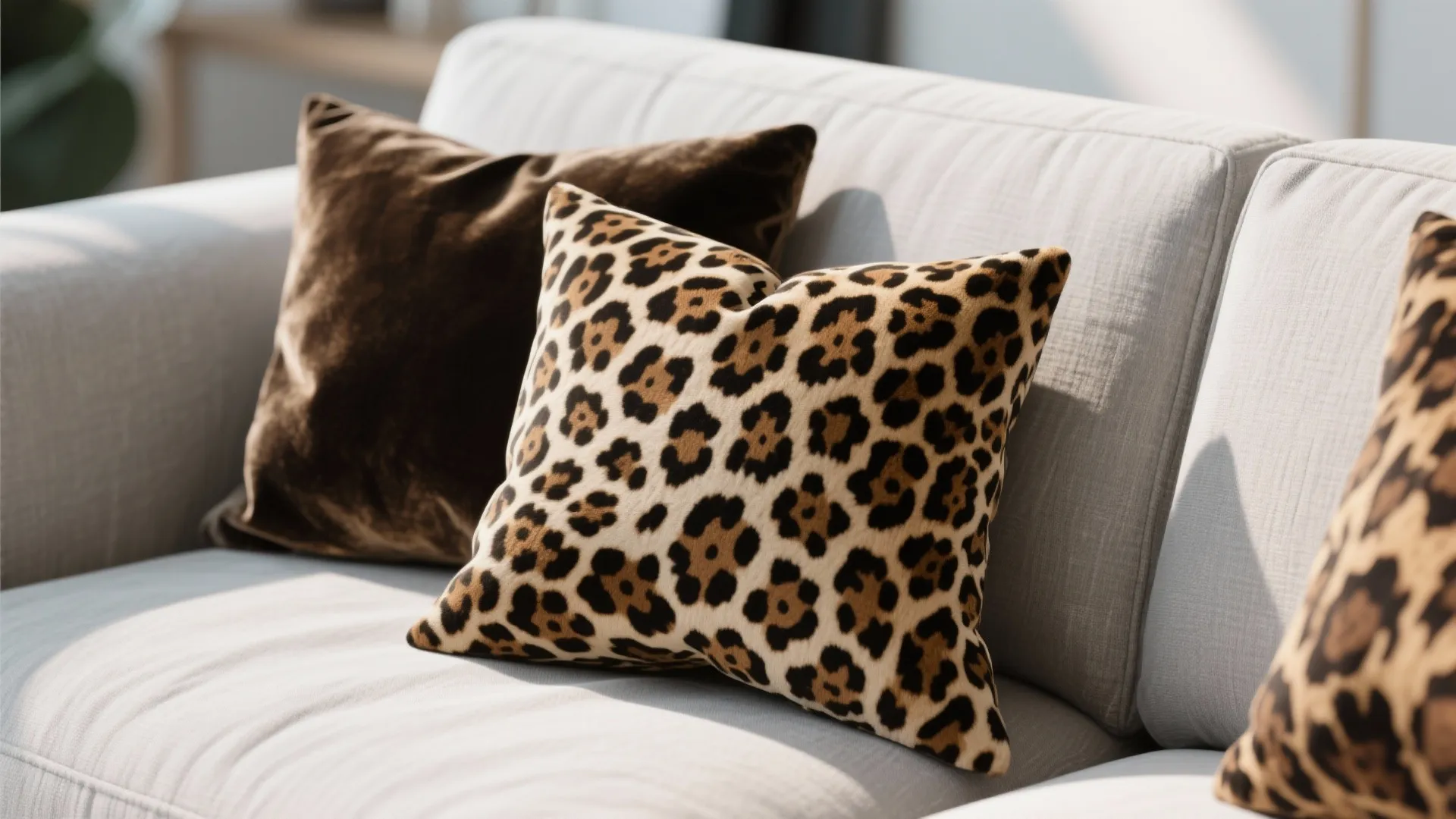 Leopard print throw pillows and brown velvet cushions on a light grey sofa in sunlight
