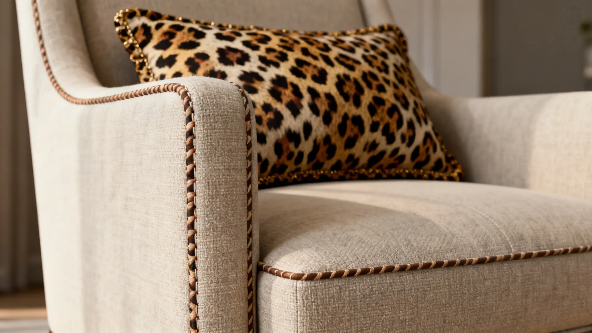 Neutral upholstered chair with subtle leopard piping and cushion detail under soft light.