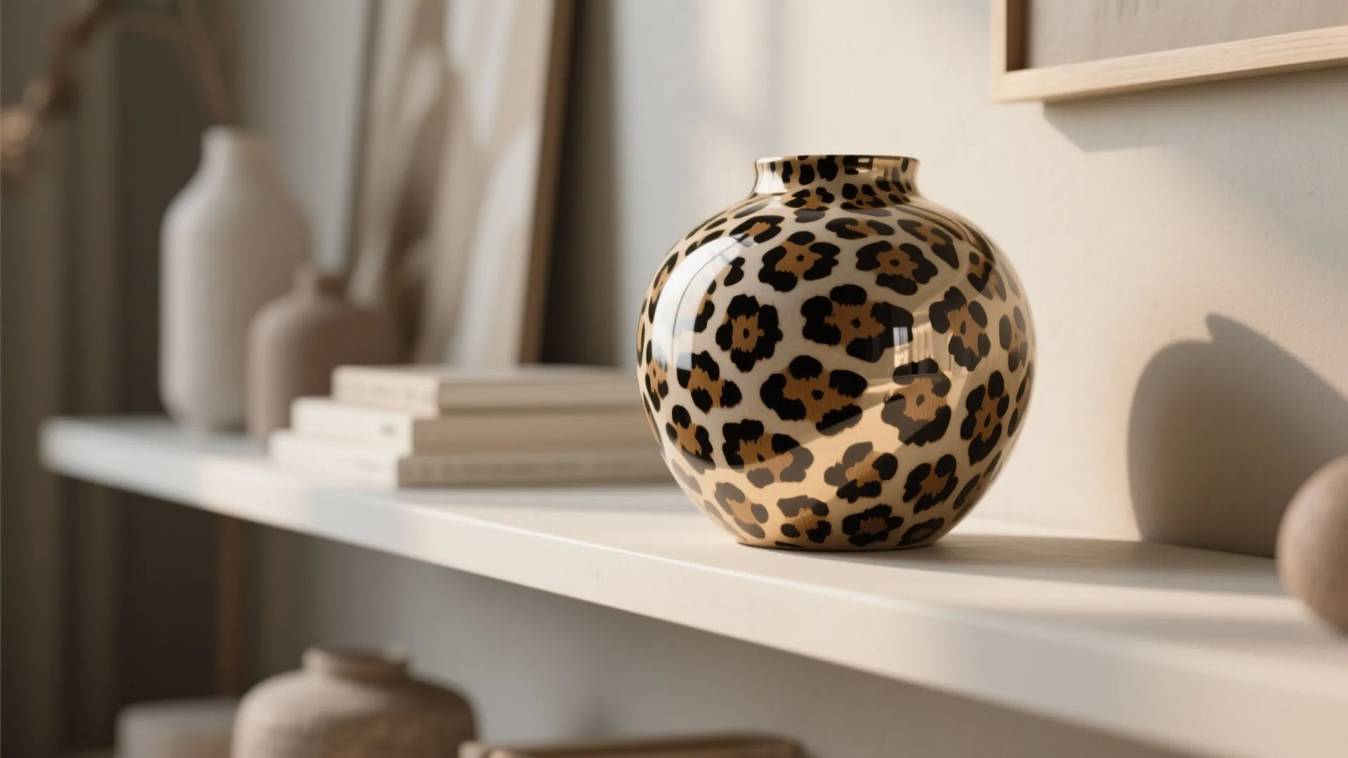 Close up of round leopard print vase on white shelf with books and neutral pots