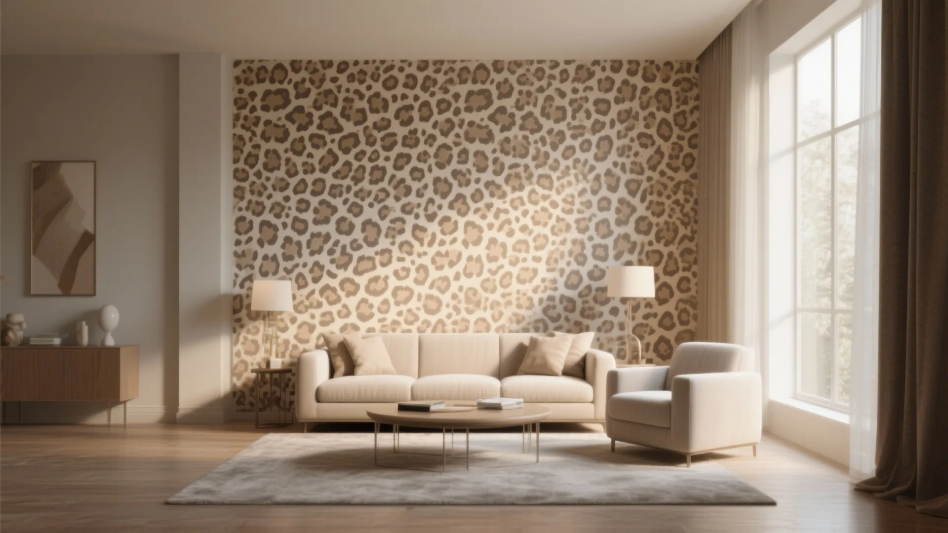 Modern living room with leopard pattern wallpaper beige sofa armchair wooden floor and large windows