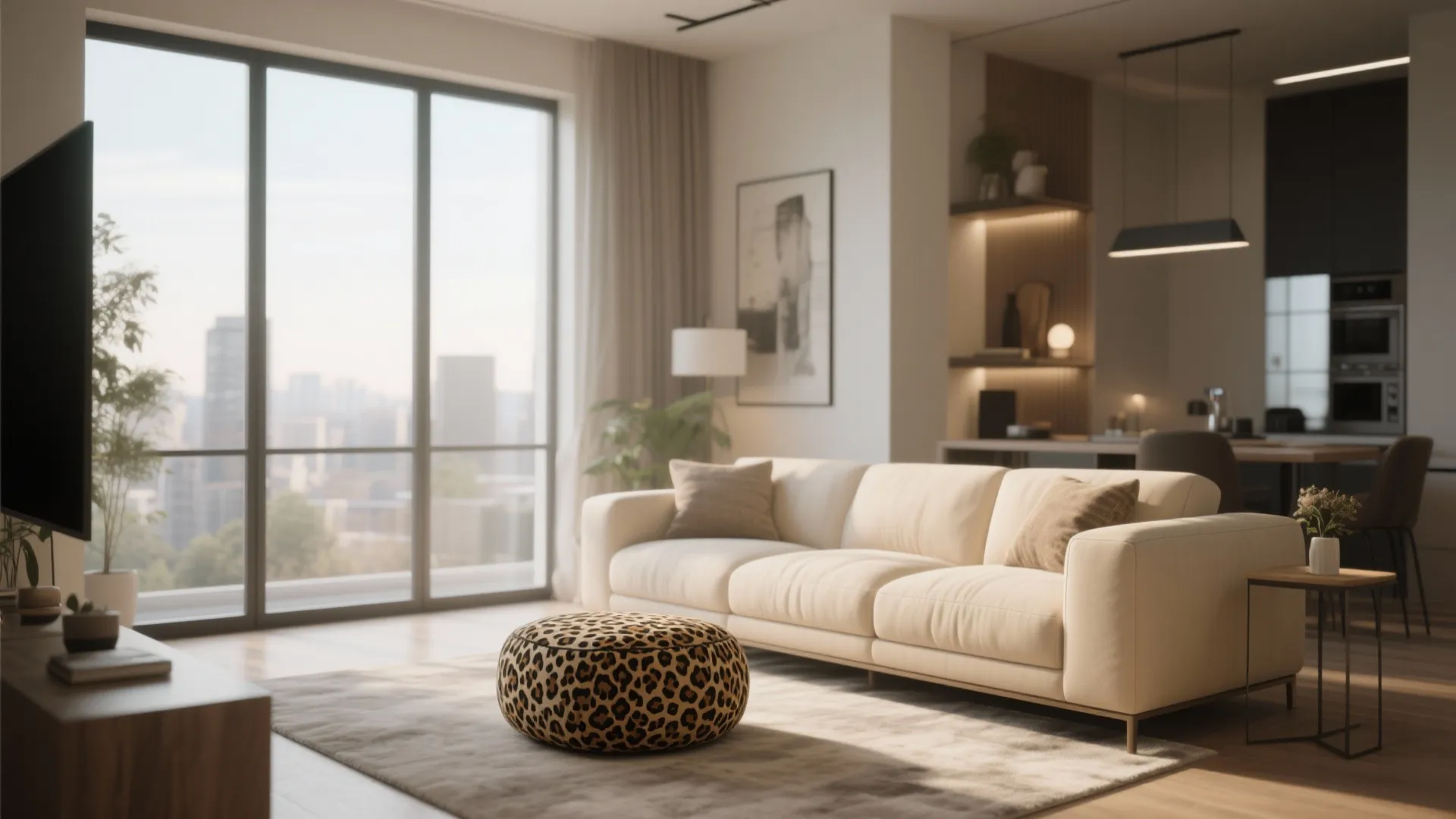 Modern warm living room with white sofa leopard print footrest large windows and city view