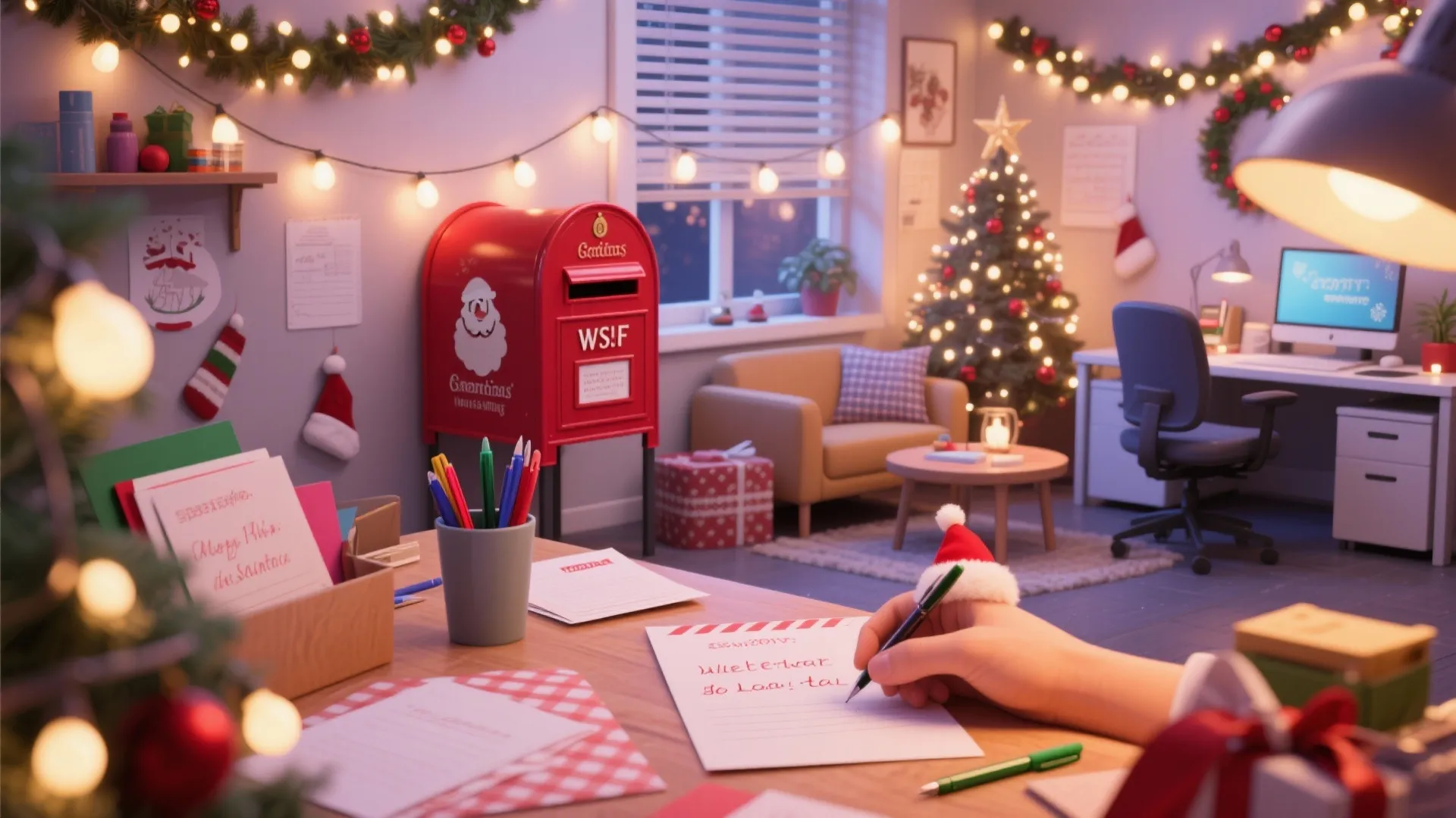 A hand writing a letter to Santa at a desk with a red mailbox nearby