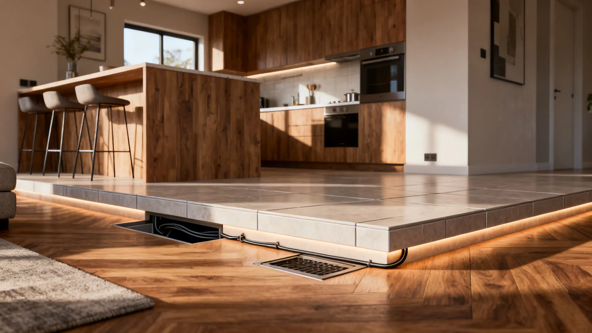 Subtle raised platform defining the kitchen with contrasting flooring and step lighting.