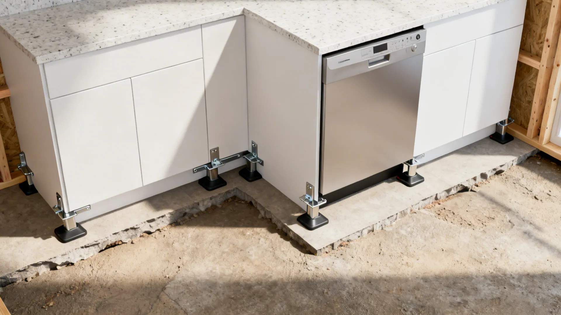 Top-down view of base cabinets with adjustable leveling feet and rear anti-tip brackets.