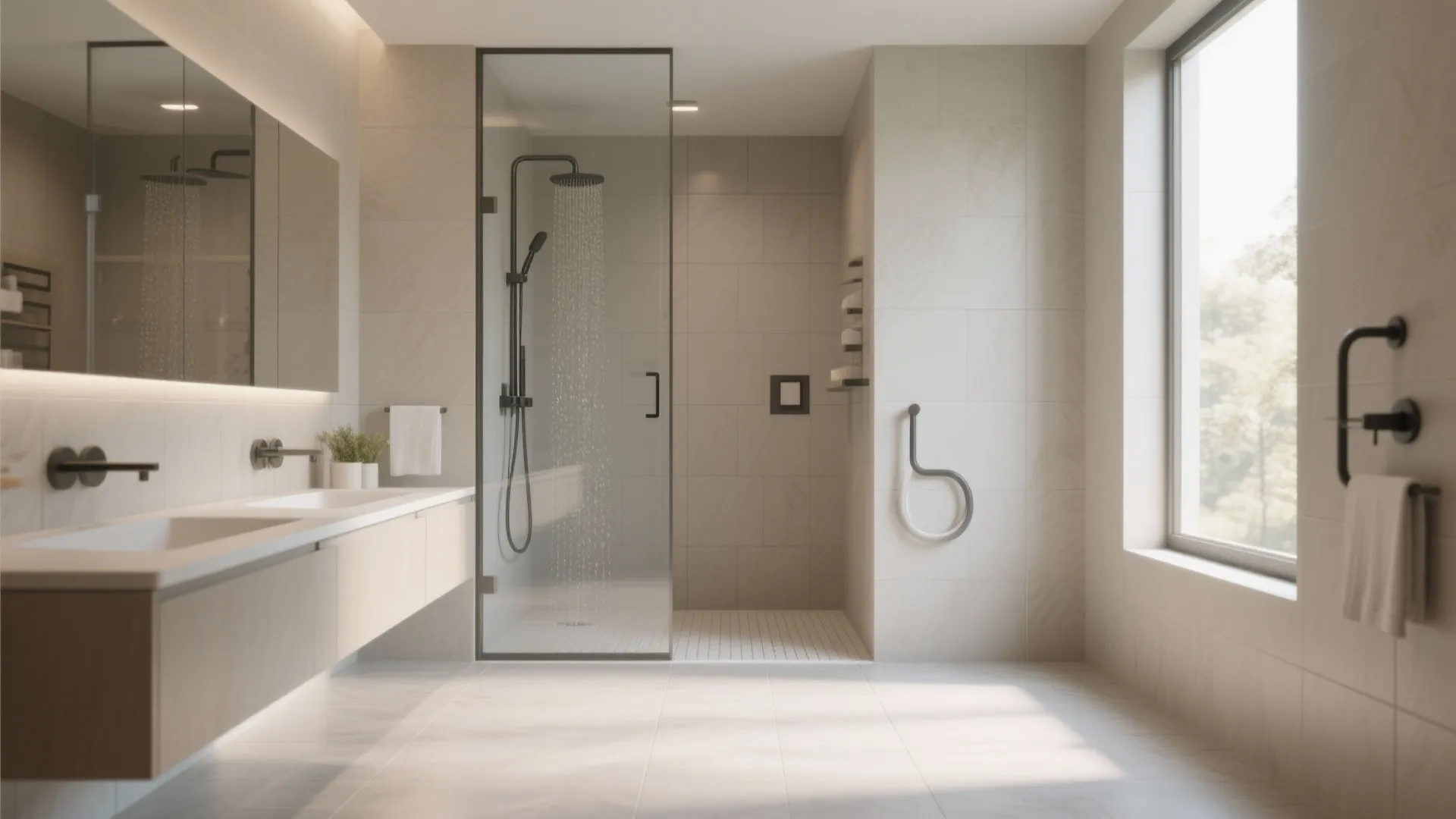 Spacious beige bathroom with walk in shower and long wooden cabinet under a large mirror