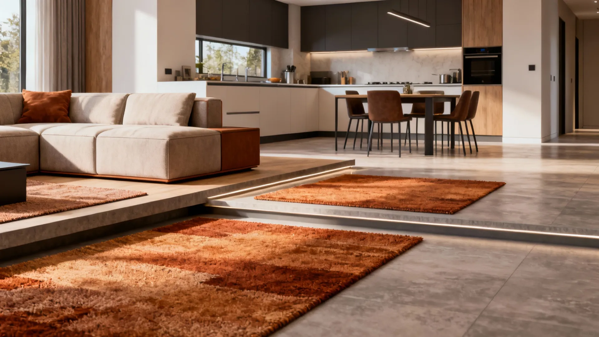Subtle lowered living area with layered rugs defining the zone beside the kitchen