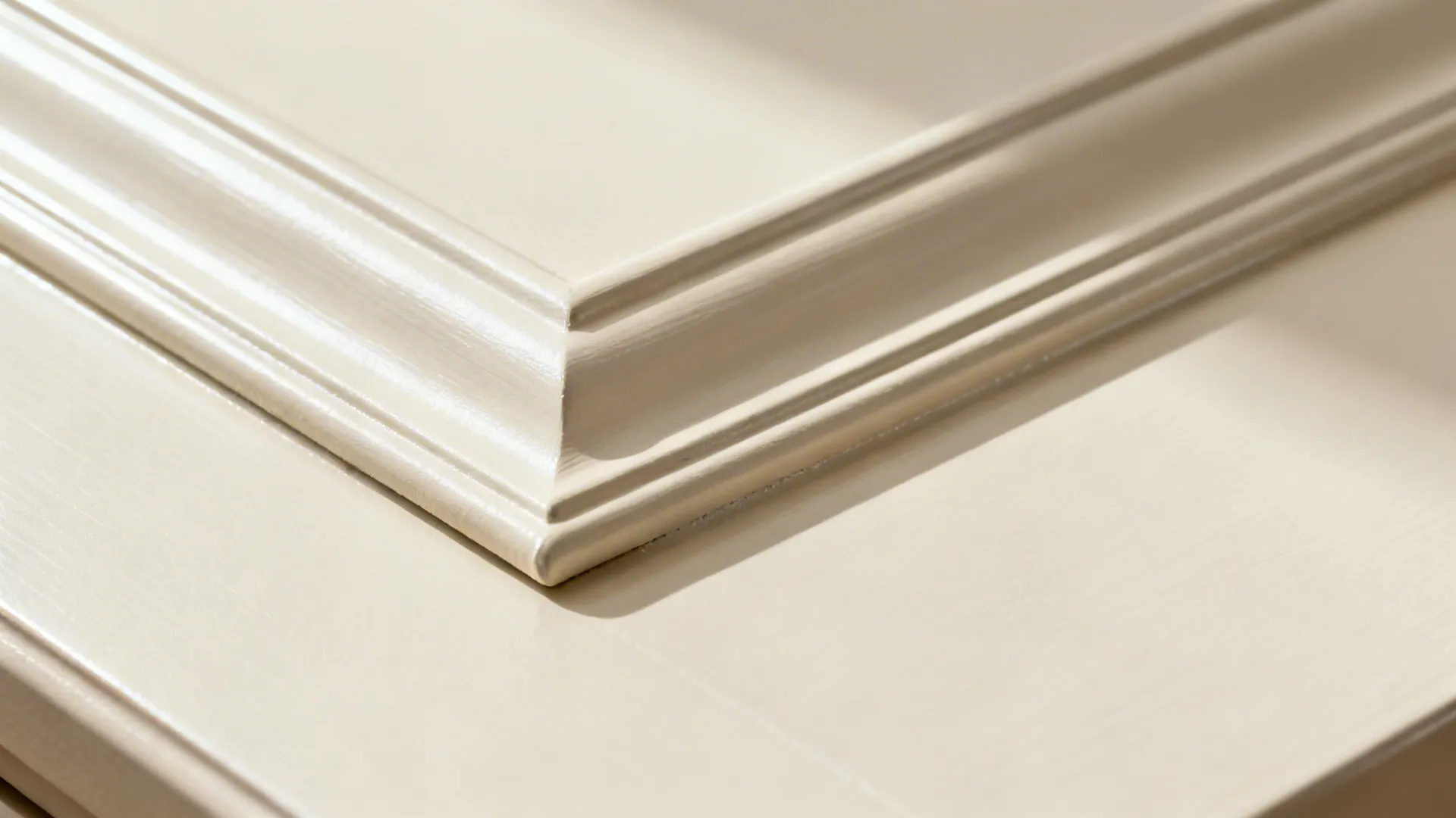 Macro of a leveled enamel transition from brushed edge to rolled panel on a cabinet.