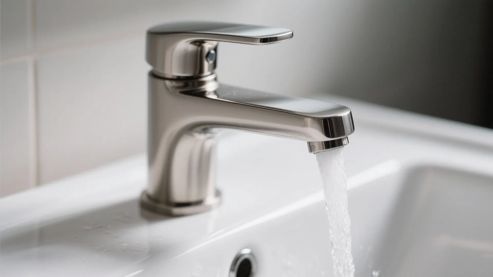 Silver metal water tap running into a white bathroom sink with a clean modern look