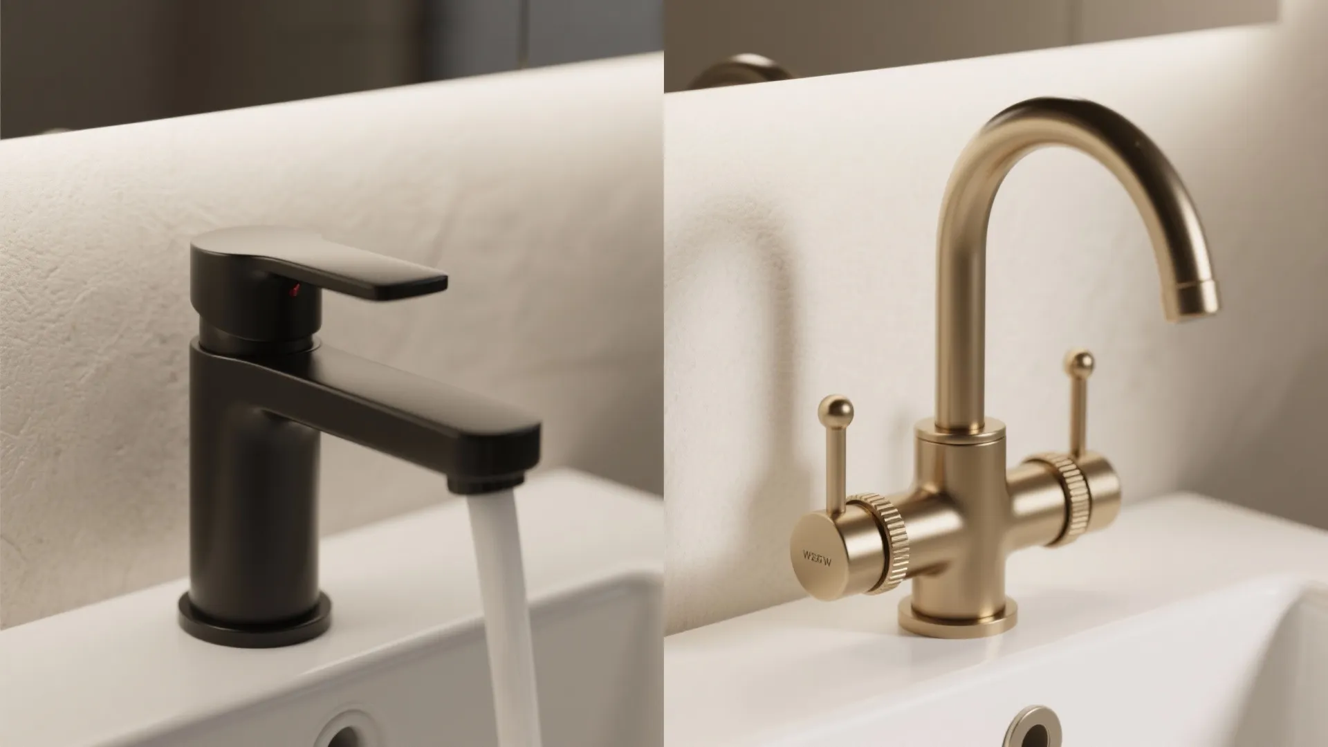 Comparison showing a black lever tap and gold classic tap on white bathroom sink basins