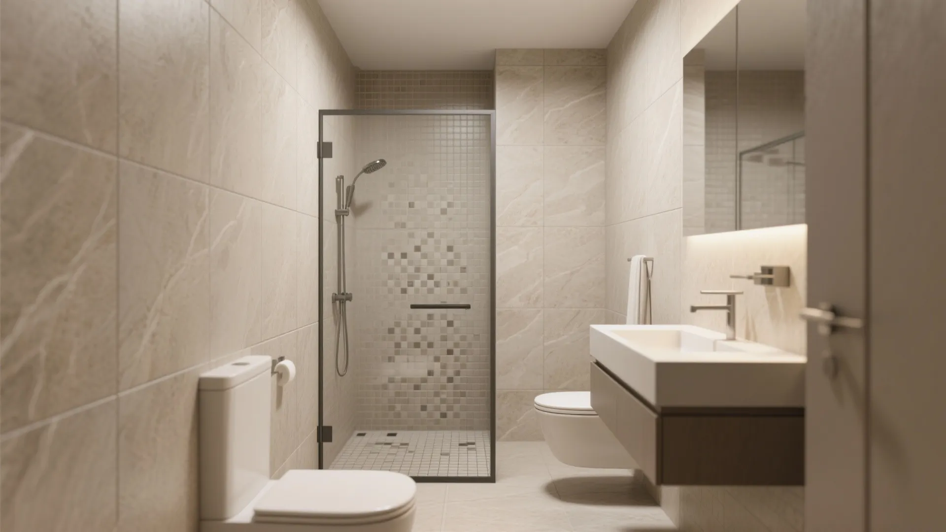 Large-format greige porcelain wall tiles and a 2x2 mosaic shower floor visually expand a compact bathroom.