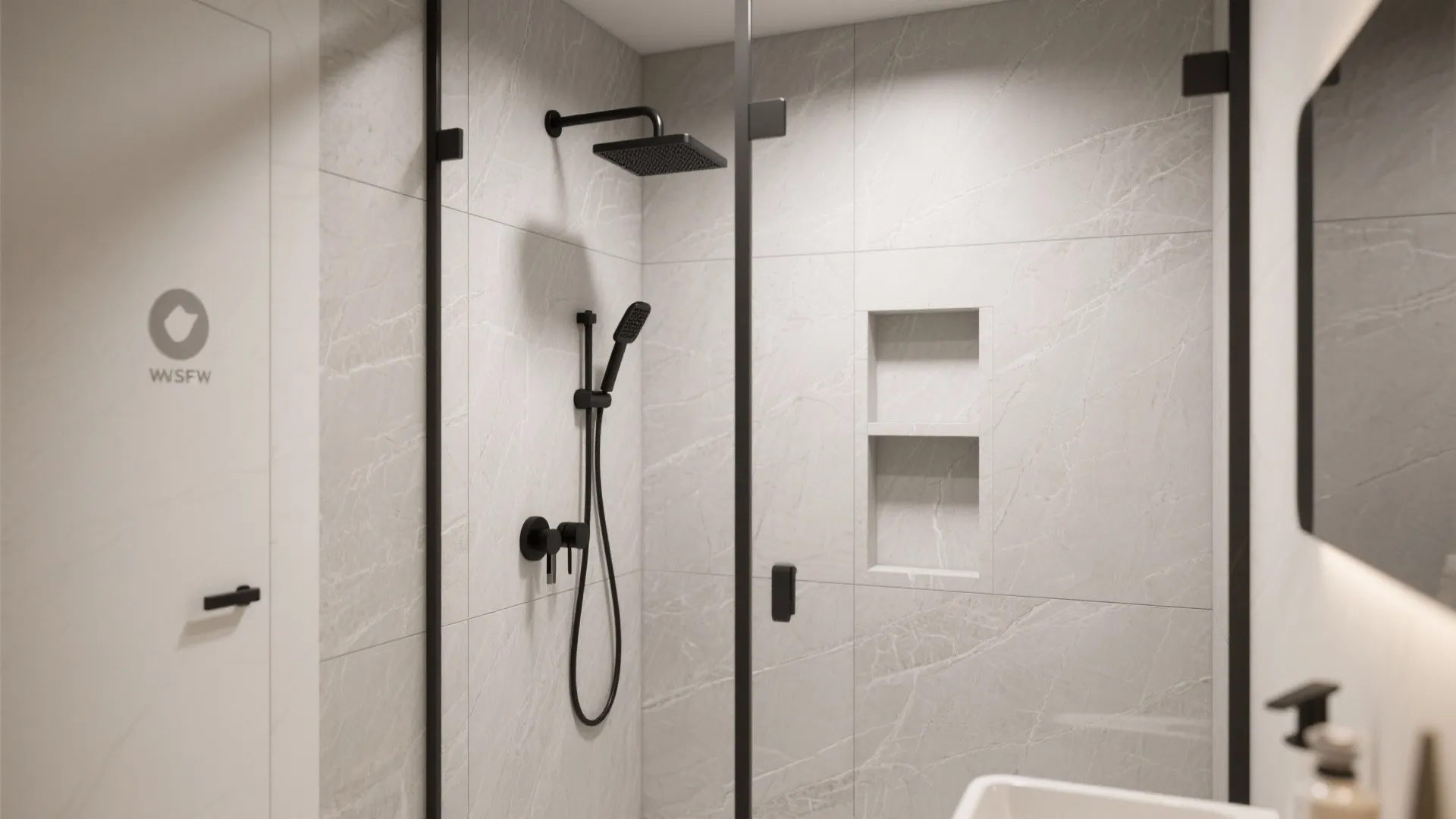 Modern bathroom with white marble wall tiles black shower head glass door and wall shelf