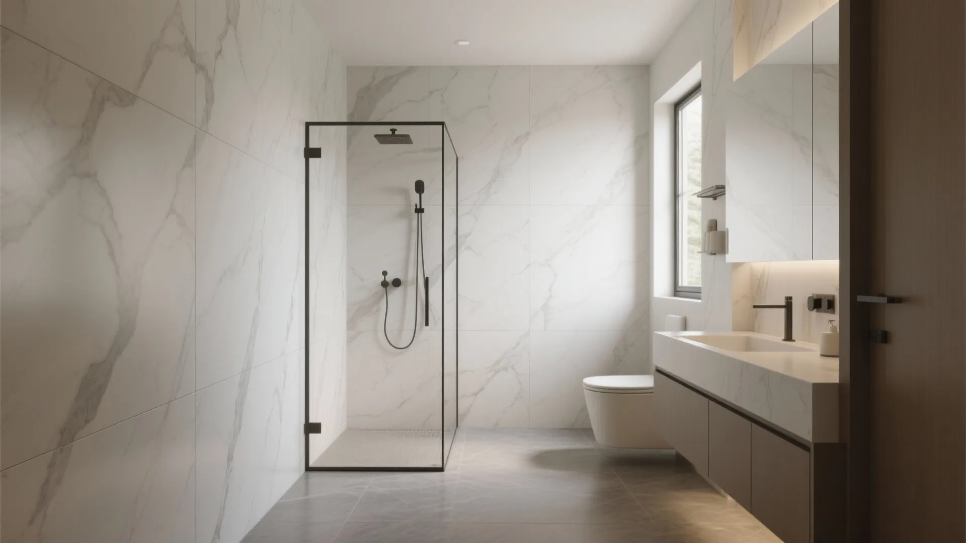 Luxury bathroom with marble wall panel, black glass shower, white toilet, and wooden sink cabinet